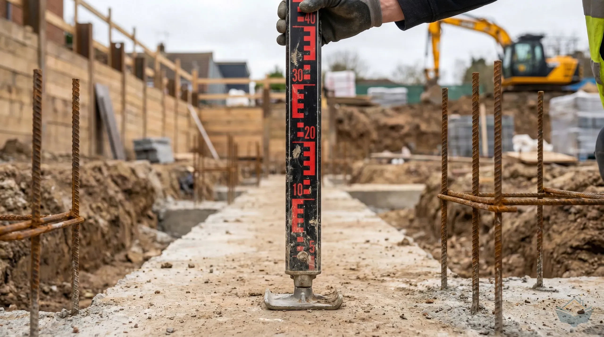 A black-and-red E-pattern telescopic levelling staff held vertically on an extension foundation site with foundation trenches in the background