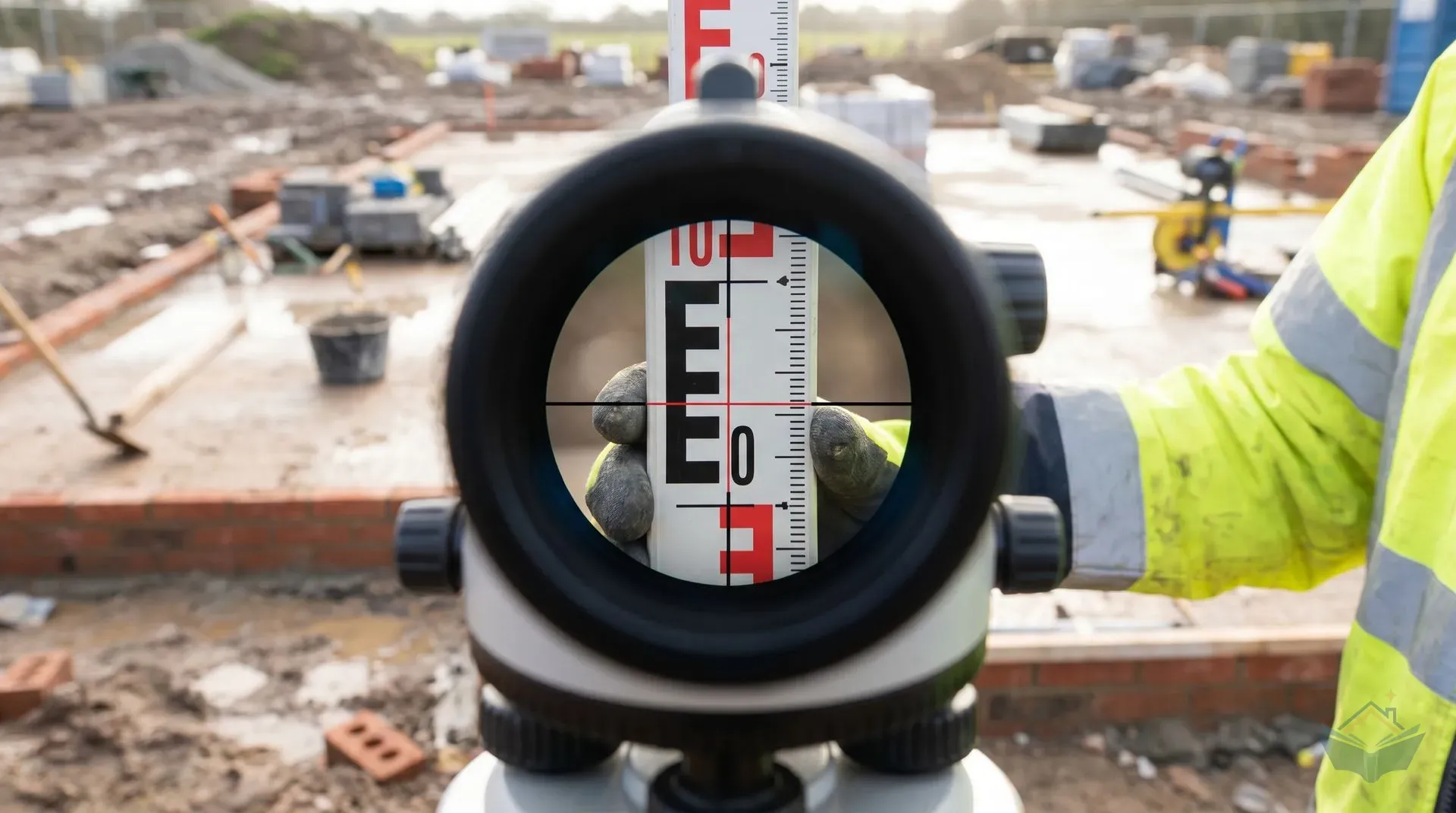 A close-up view through an optical level eyepiece showing crosshairs aligned across one of the centimetre E-bars on a black-and-red levelling staff, demonstrating how a height reading is taken.