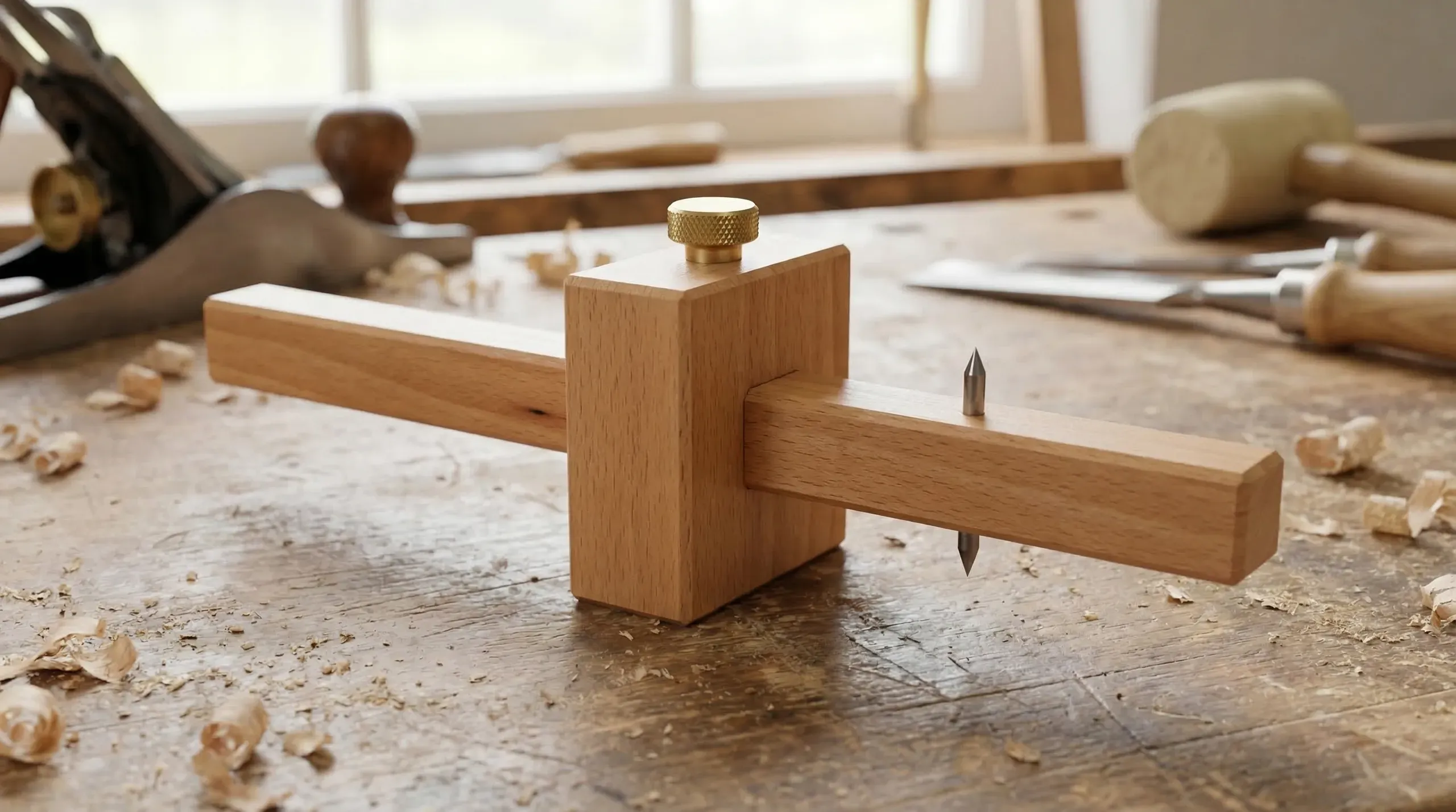 A hardwood marking gauge with brass fittings resting on a piece of sawn timber, with a freshly scribed line visible along the grain