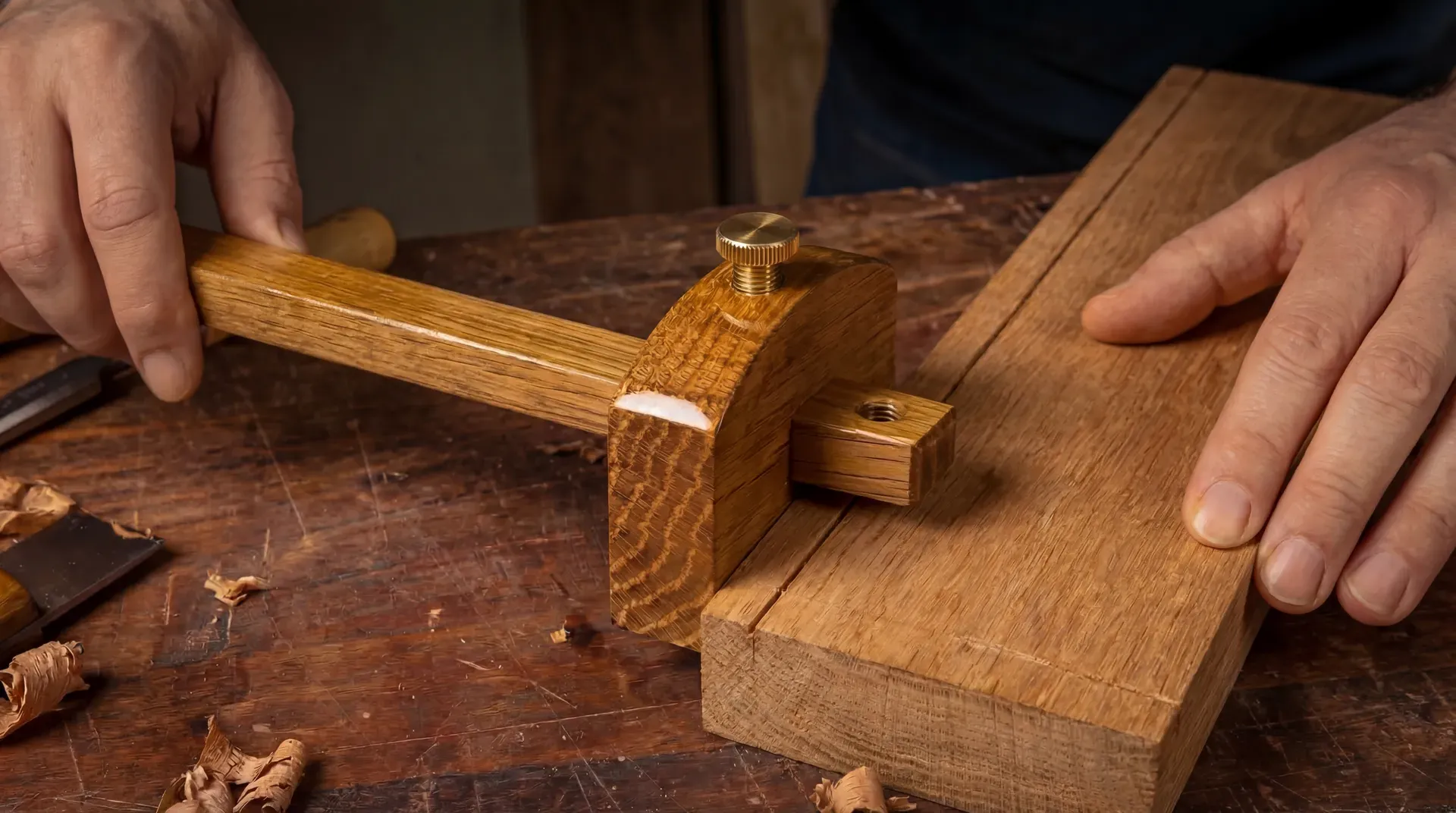 Hands demonstrating how to use a marking gauge to scribe a line on a piece of timber, with the fence pressed flat against the timber edge and the pin trailing along the wood surface leaving a visible scribed line.
