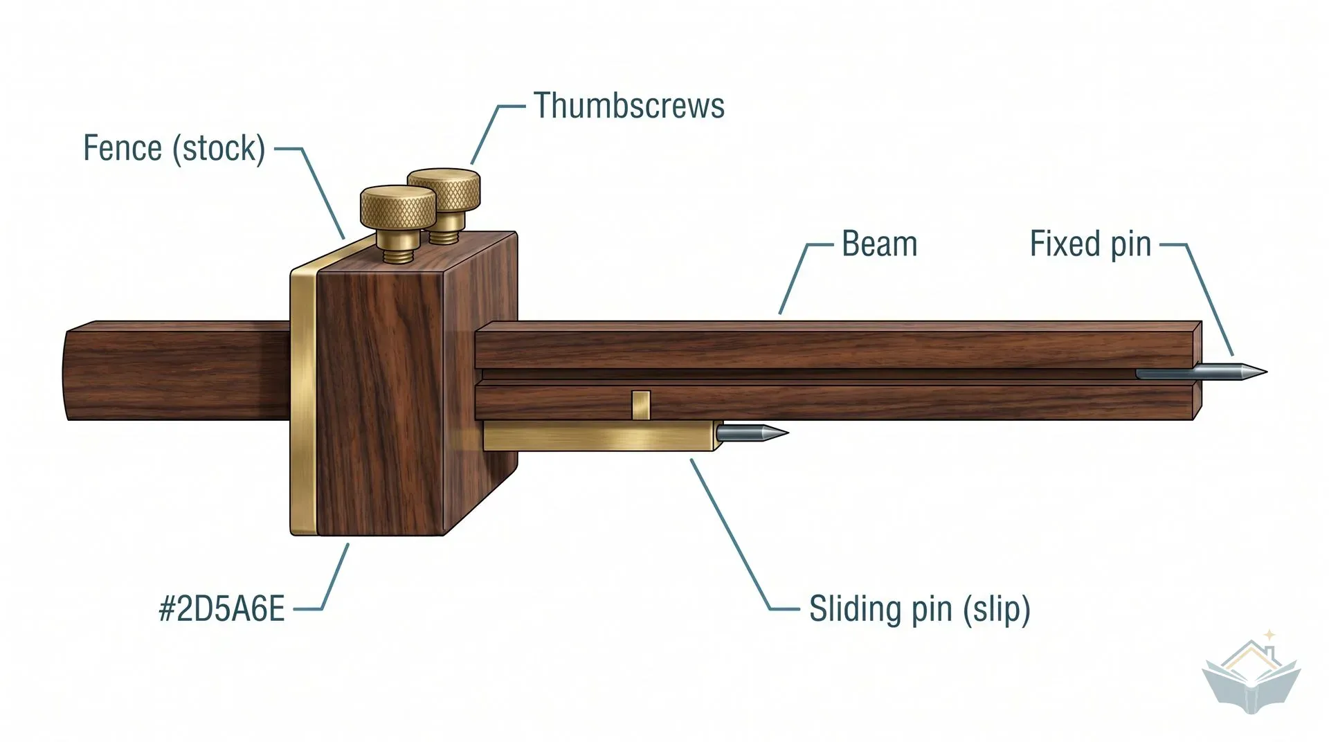 Annotated cross-section of a traditional rosewood mortice gauge identifying the five parts: the beam (the long wooden bar), the fence or stock (the rectangular block with brass face plate), the fixed pin at the beam tip, the sliding pin (slip) on a smaller brass bar that moves along the beam, and the two brass thumbscrews that lock the fence and slip in position.