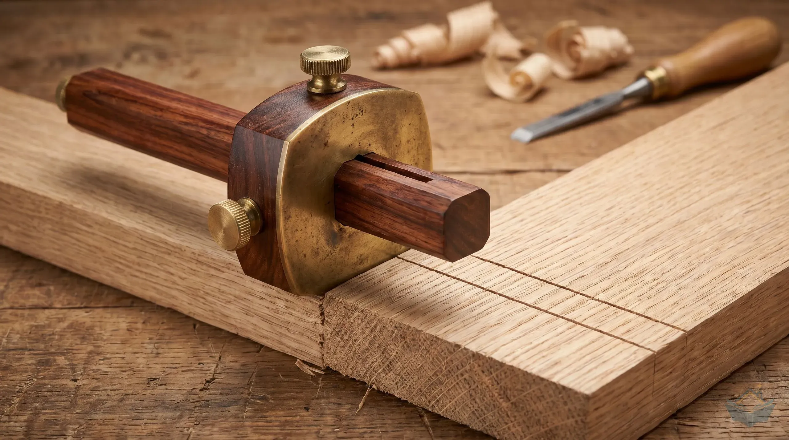 A traditional rosewood mortice gauge with brass face plate and brass thumbscrews resting on a piece of oak, with two parallel scribed lines visible on the timber surface