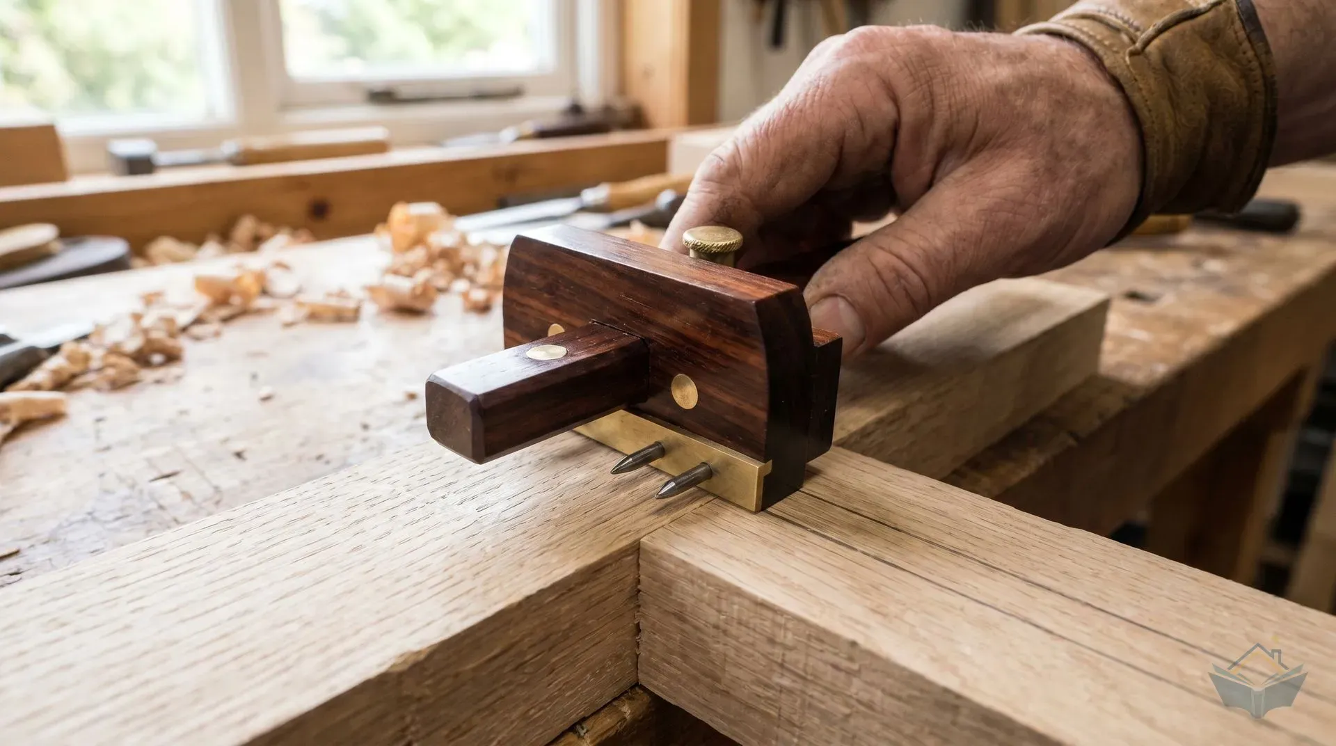 A craftsman pushing a traditional rosewood mortice gauge along a piece of oak, with the brass-faced fence pressed firmly against the timber edge. Two parallel scribe lines are clearly visible behind the gauge, marking the two long sides of a mortise. The gauge is tilted slightly so the pins trail behind the direction of travel.