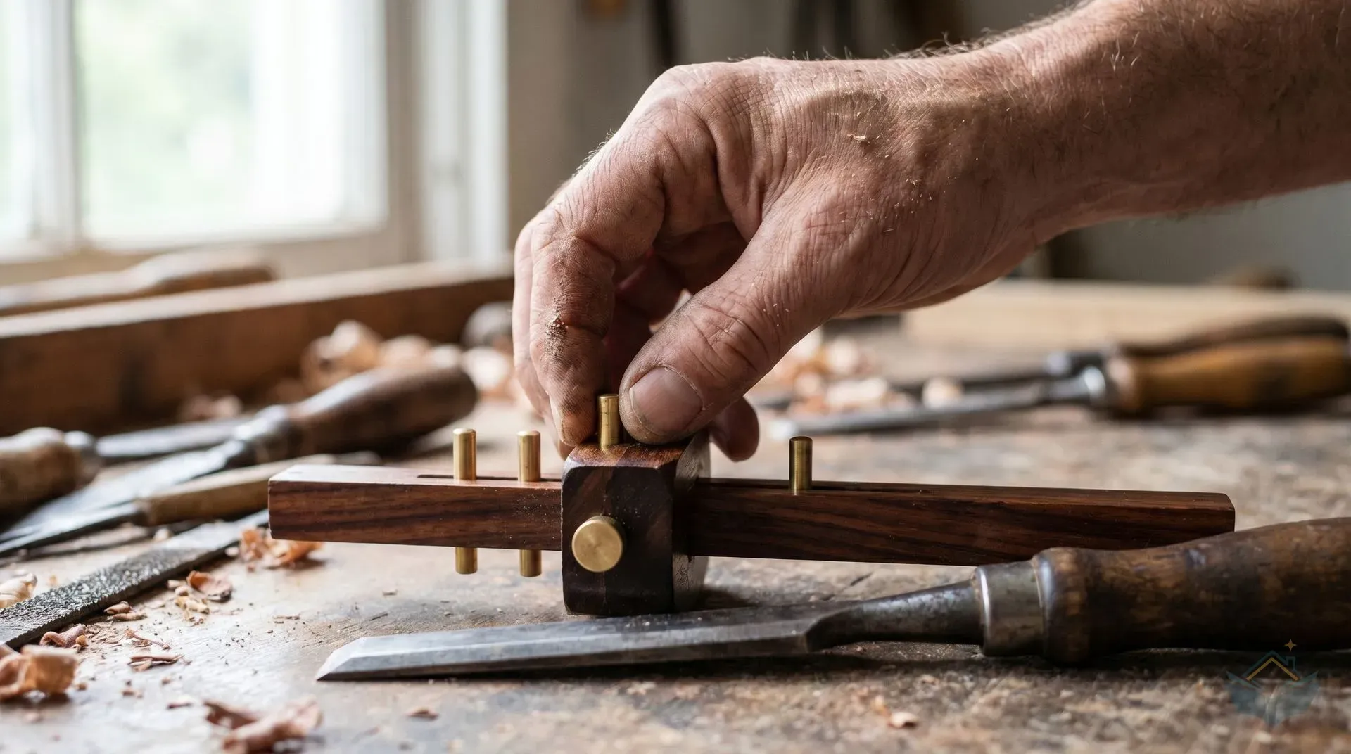 A craftsman's hand setting the two pins of a traditional rosewood mortice gauge against the back of a steel chisel resting on a workbench, ensuring the pin gap matches the chisel width exactly.