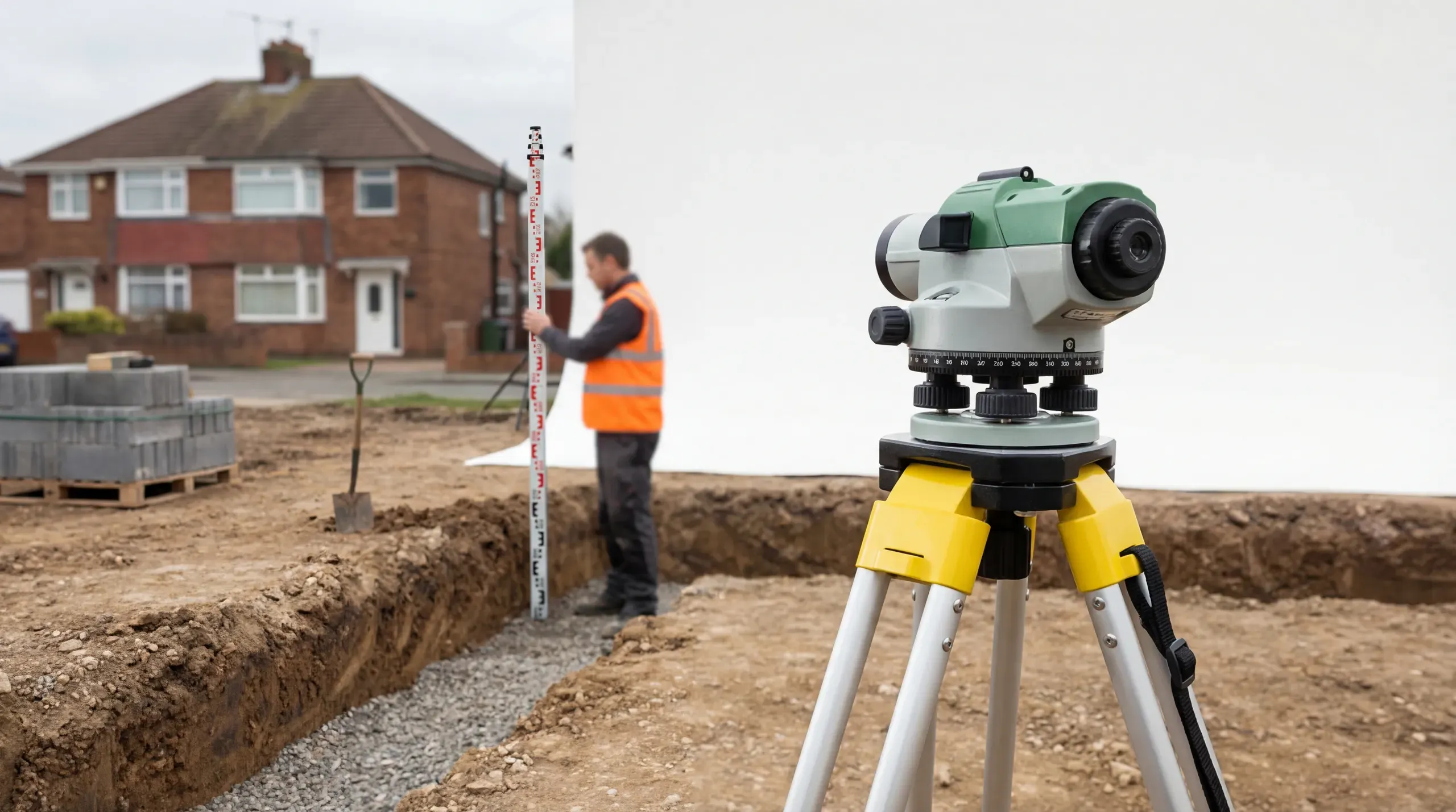 An optical level (dumpy level) set up on a yellow tripod at a residential extension site, with a levelling staff visible in the background held by a second person
