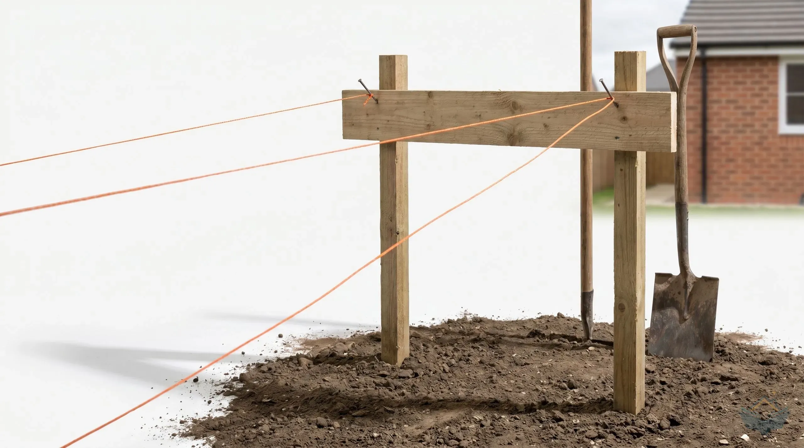 A timber profile board set up beyond the corner of an extension footprint, two pointed stakes driven into the ground supporting a horizontal crossboard, with string lines running off it across a cleared garden ready for the foundation dig