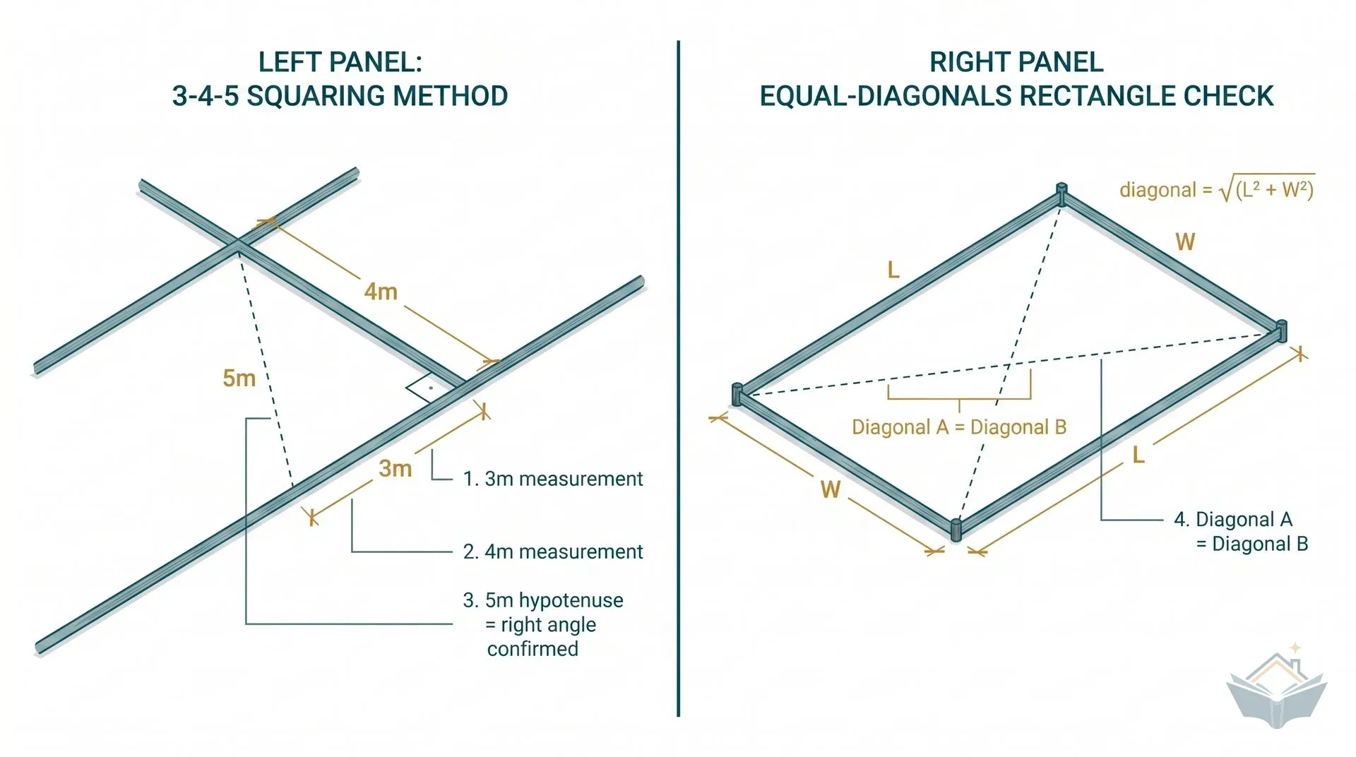 Two-panel technical diagram showing squaring methods for a building footprint. Left panel: the 3-4-5 triangle method with a 3m leg, 4m leg, and 5m hypotenuse confirming a right angle at the corner. Right panel: a rectangle with both diagonals drawn as dashed lines and an annotation showing diagonal A equals diagonal B, with the formula diagonal equals the square root of length squared plus width squared.