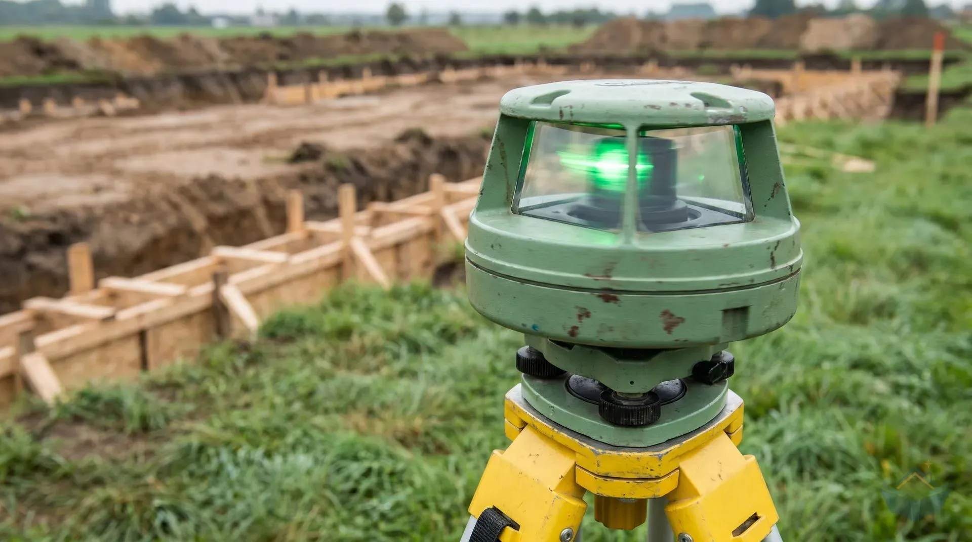 A close-up of the rotating laser head of a green rotary laser level on a yellow tripod, captured mid-rotation showing motion blur in the spinning prism. The device is set up on grass at the edge of an extension foundation site.