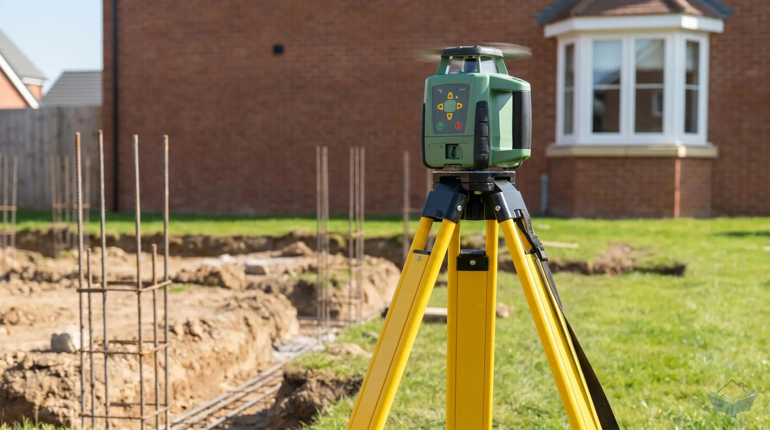 A green rotary laser level on a yellow tripod set up on the grass at the edge of an extension foundation site, with foundation trenches visible behind