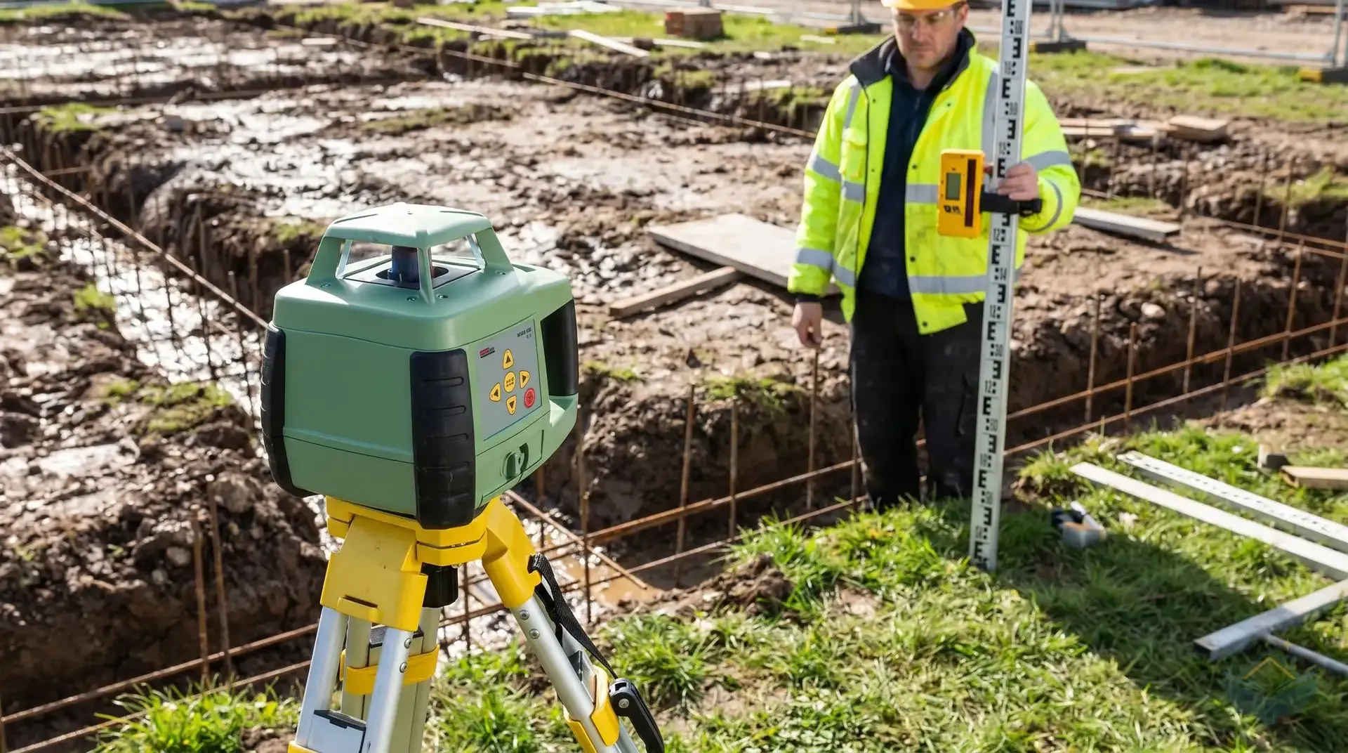 A green rotary laser level on a yellow tripod set up on grass at the edge of an extension foundation site, with the rotating head visible at the top of the device. A builder in the middle distance is holding a graduated levelling staff with a yellow laser detector clamped at chest height, sweeping for the beam. Foundation trenches with rebar are visible in the background. Bright daylight, no visible laser line in the air.