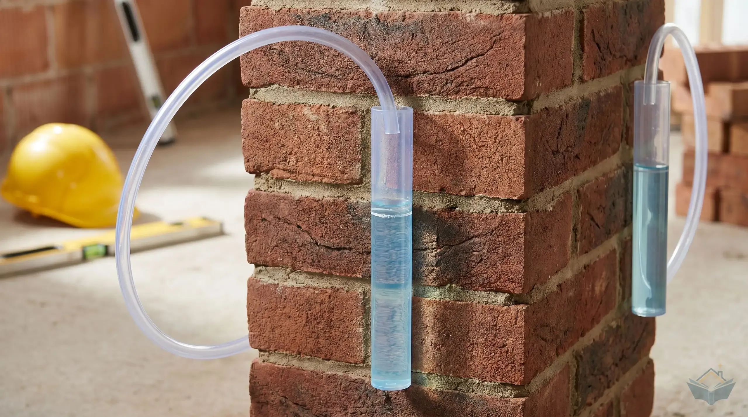 A clear plastic water level tube held against a brick wall on an extension site, with the water meniscus visible at a reference height being transferred around a chimney breast
