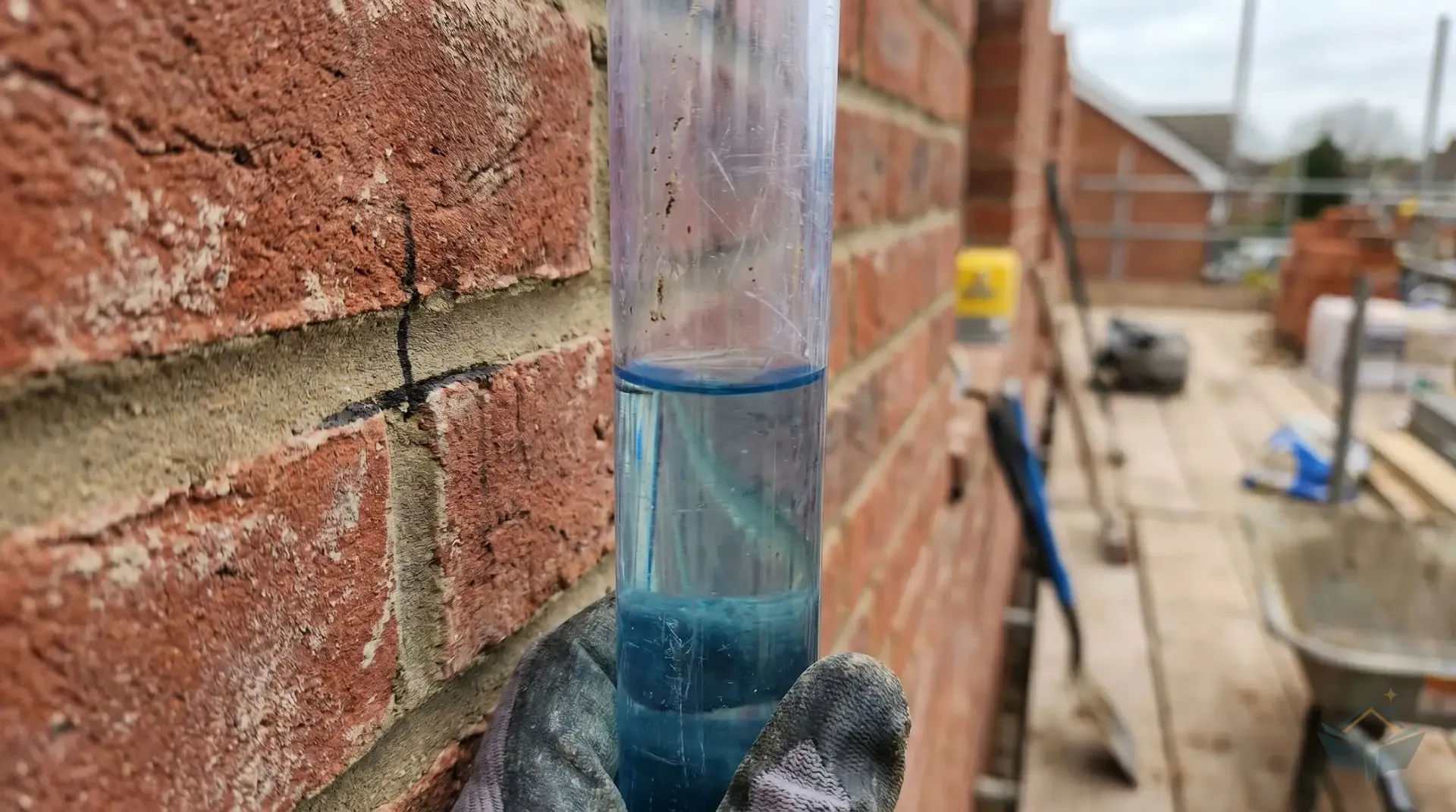 A clear plastic water level tube held against a brick wall on a UK extension construction site, with the water meniscus visible at a reference height. A black pencil mark on the brickwork shows where the matched level has been transferred.