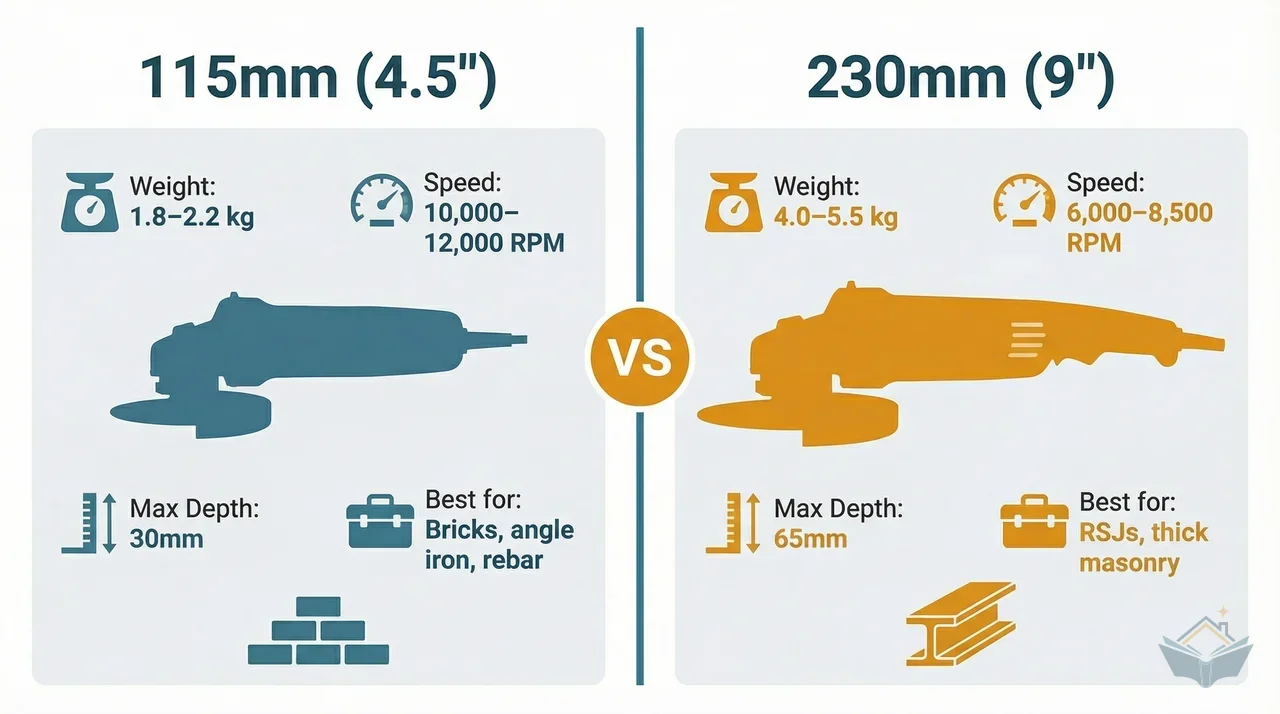 Side-by-side infographic comparing a 115mm and 230mm angle grinder drawn to scale, with annotated callouts showing weight, RPM range, maximum cutting depth, and typical use cases for each size. The 115mm grinder is shown in teal with specs for bricks, angle iron, and rebar; the 230mm in amber for RSJs and thick masonry.
