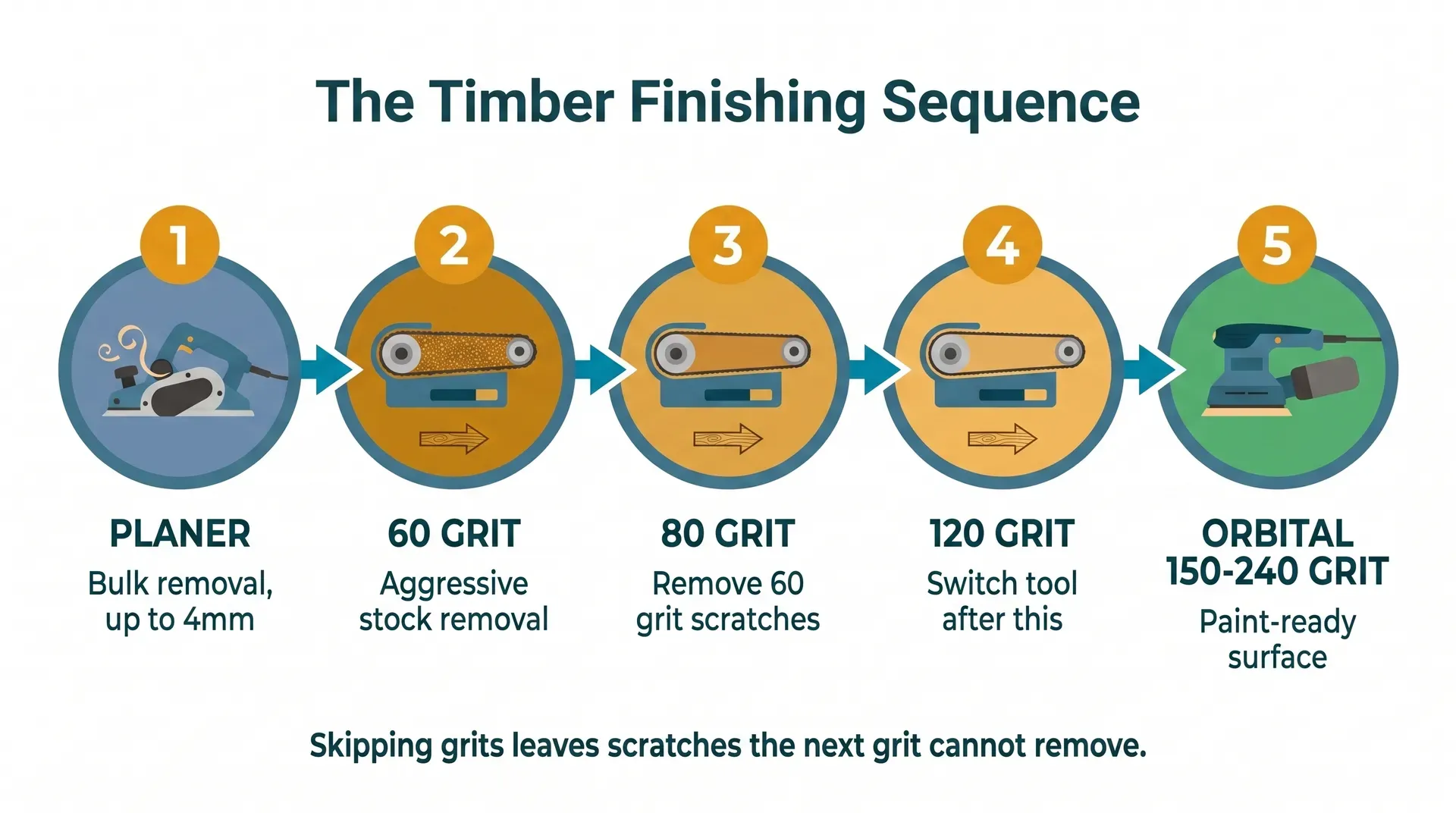 Five-panel horizontal flow diagram showing the timber finishing sequence: planer for bulk removal, then belt sander at 60 grit, 80 grit, 120 grit, and finally random-orbital sander at 150 to 240 grit for a paint-ready finish. Arrows link panels, with grain-direction indicators under the belt sander stages.