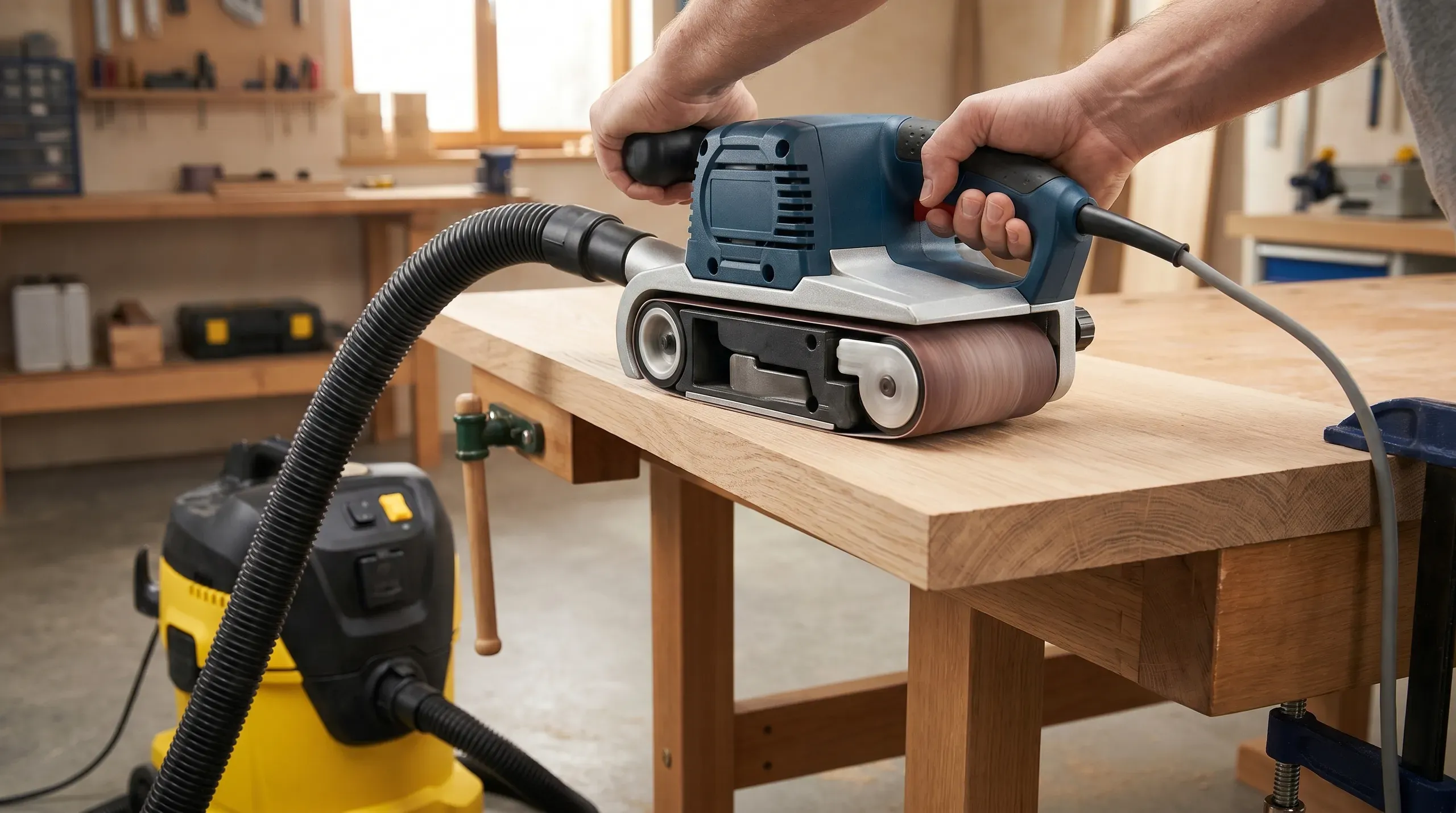 A 75mm corded belt sander mid-pass on a solid timber board, throwing a curl of fine sawdust as the dust port hose runs back to a Class M wet-dry vacuum on the floor