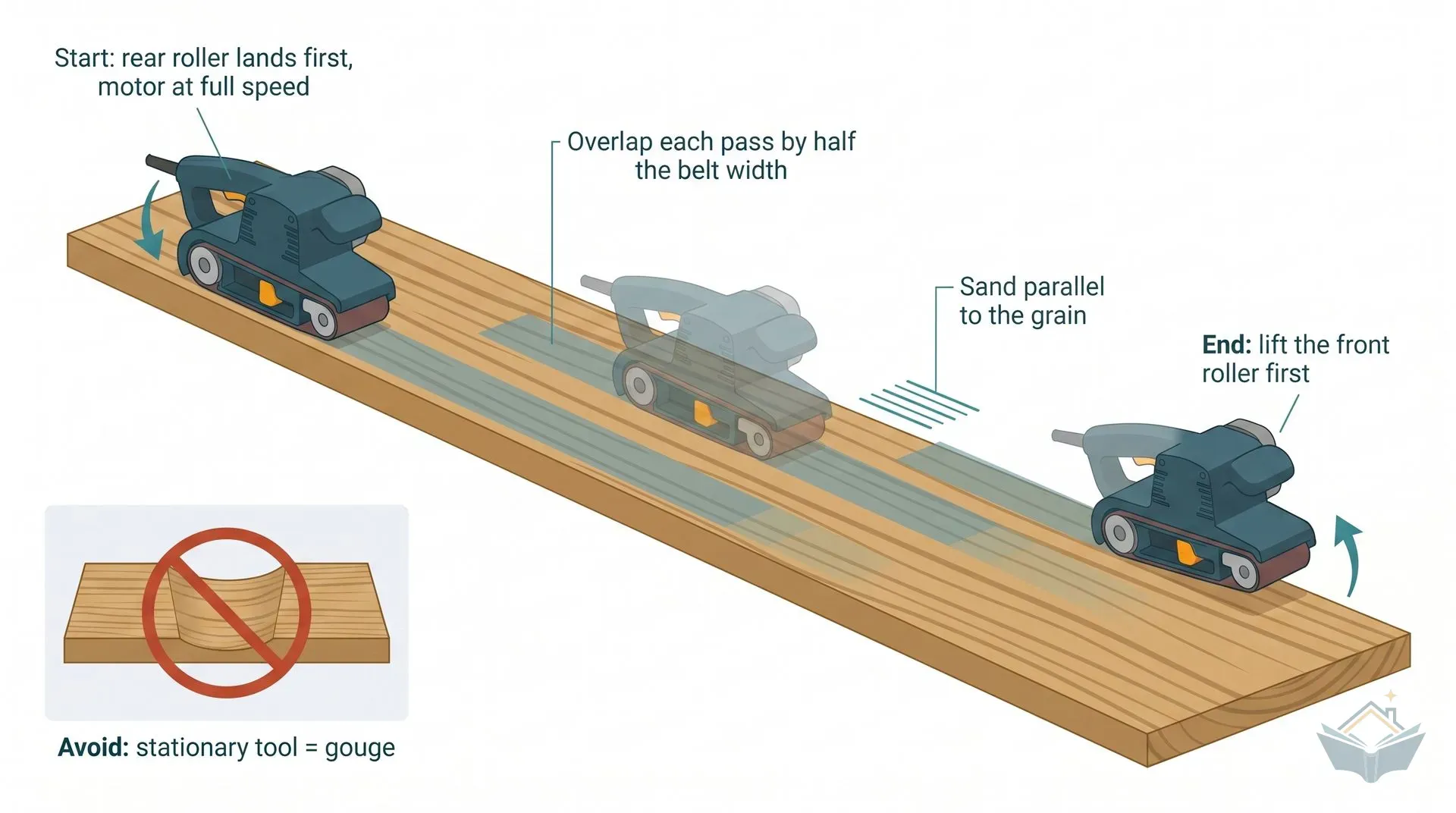 Isometric technical diagram showing a generic unbranded belt sander in three positions along a timber board, illustrating the correct start, mid-pass, and end-of-pass technique. The start position shows the rear roller landing first with the motor at full speed; the middle position shows overlapping pass bands running parallel to the grain; the end position shows the front roller lifting first. A bottom-left inset depicts a concave gouge with a red prohibition mark, illustrating the damage caused by holding the sander stationary.