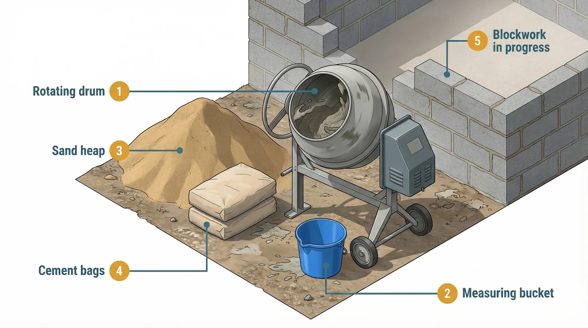 A Belle Minimix 150 electric concrete mixer in operation on a UK house extension site, drum rotating with fresh grey mortar visible, set against blockwork walls in progress