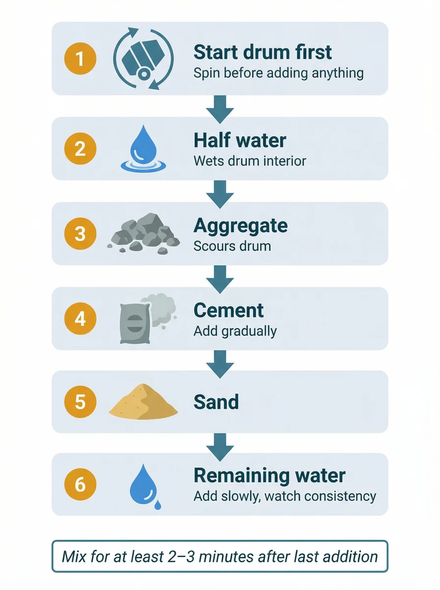 Vertical step-by-step diagram showing the correct order for loading materials into a concrete mixer: start drum, add half water, add aggregate, add cement, add sand, then remaining water gradually, with a footer note to mix for 2–3 minutes.