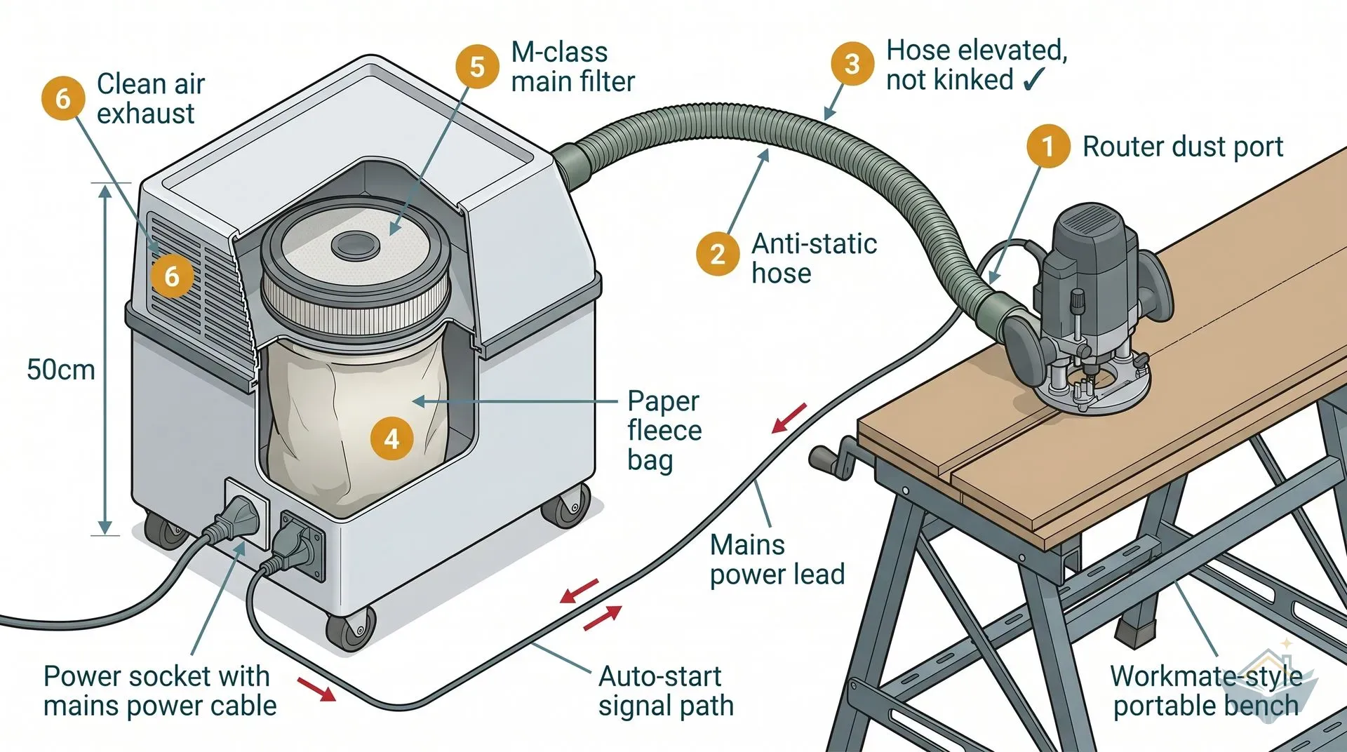 Isometric cutaway diagram of a tool-connected dust extraction workstation. A generic unbranded M-class extractor on the left shows its internal paper fleece bag and M-class filter via cutaway. An anti-static hose runs in an elevated arc from the extractor to a generic router cutting MDF on a workbench. Six amber numbered callouts trace the dust path: 1 router dust port, 2 anti-static hose, 3 hose elevated not kinked, 4 paper fleece bag, 5 M-class main filter, 6 clean air exhaust. Red arrows on the power cable show the auto-start signal path from the router to the extractor socket.