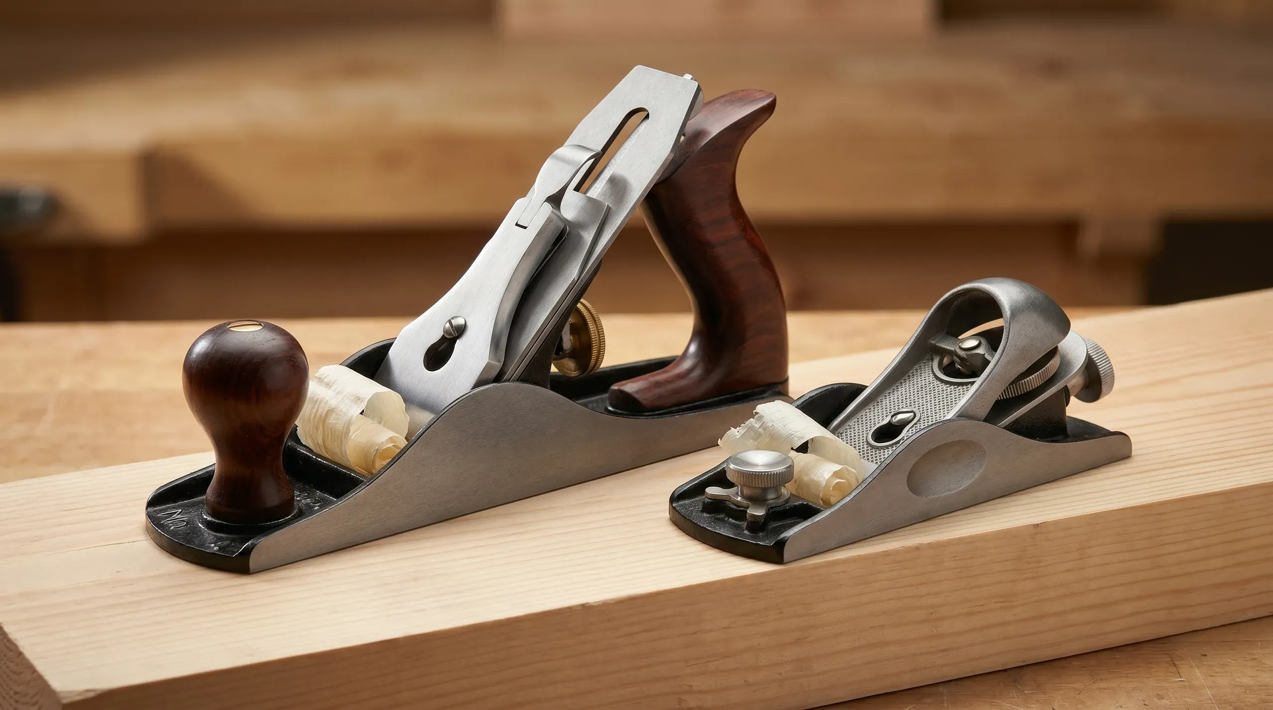A classic cast-iron No.4 bench plane and a 9½-pattern block plane resting on a length of pine timber, surrounded by translucent shavings