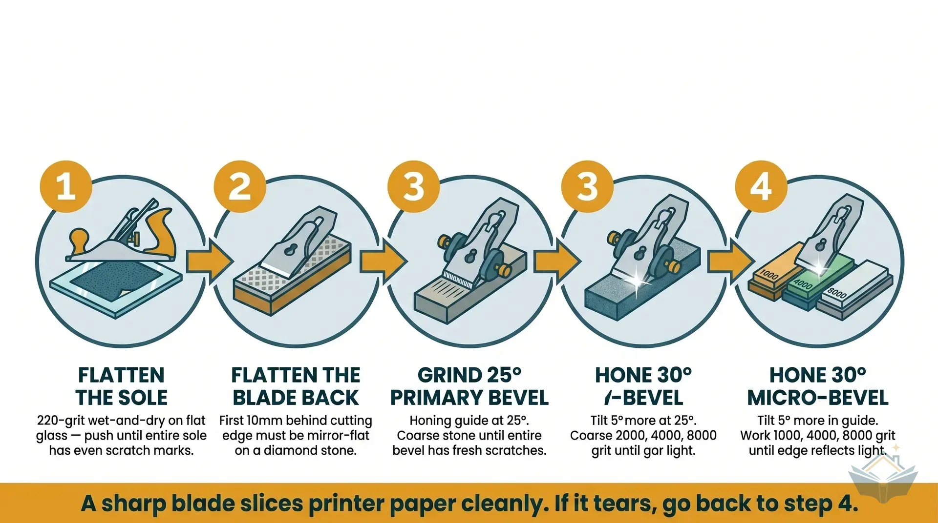 Four-step setup sequence infographic for hand planes. Step 1: flatten the sole, with a cross-section of the plane sole on wet-and-dry paper on float glass and a note '220-grit until full sole has even scratching, 20-30 minutes for budget planes'. Step 2: flatten the blade back, showing the blade back on a diamond stone with a note 'mirror-flat first 10mm, progress 400 to 1200+ grit'. Step 3: grind primary bevel to 25°, with a honing guide holding the blade at 25 degrees on a sharpening stone. Step 4: hone micro-bevel at 30°, with the blade tilted up 5° extra and stones shown in sequence 1000, 4000, 8000 grit, finishing with the note 'slices printer paper cleanly when sharp'.