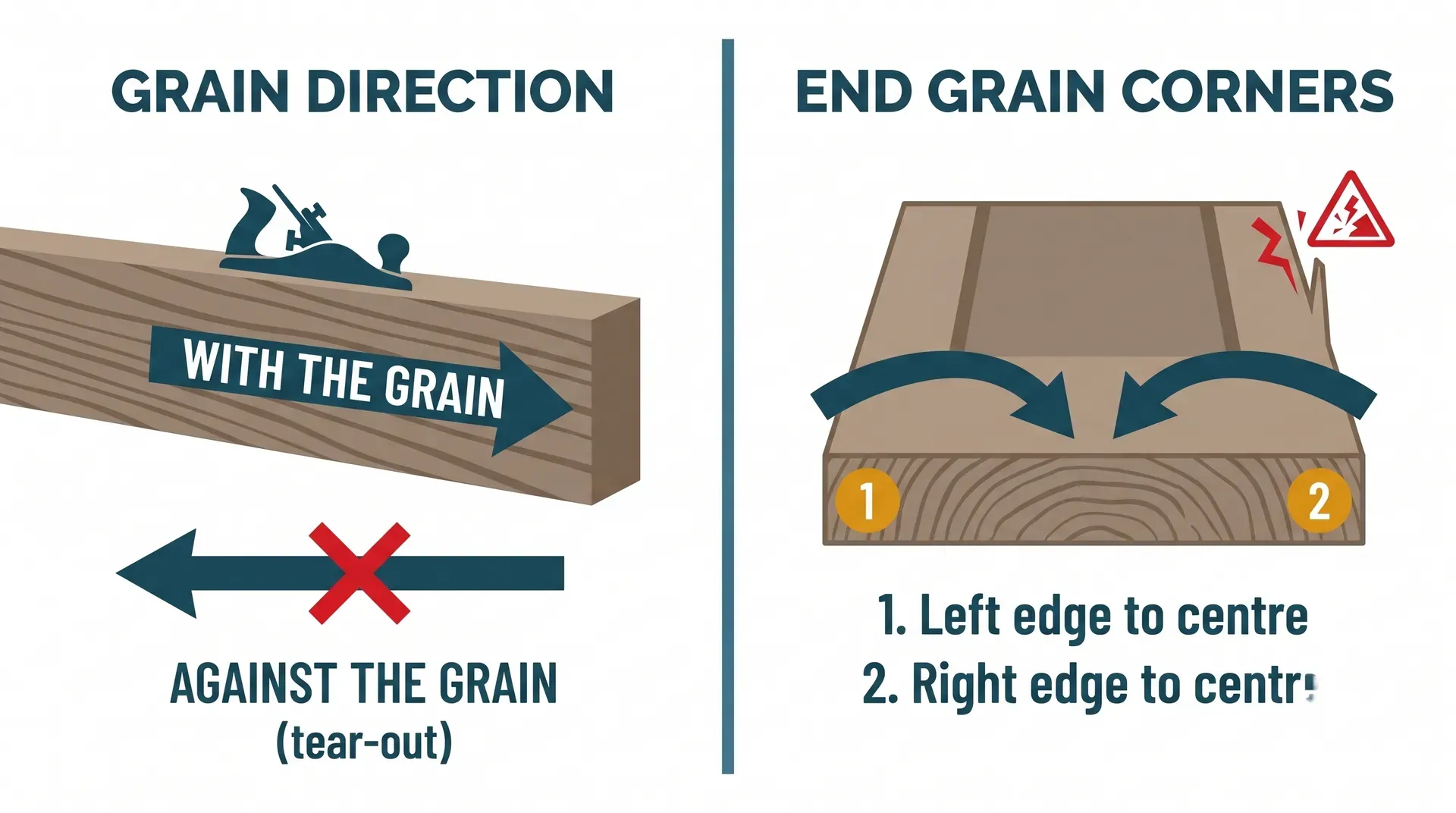 Two-panel diagram showing correct hand plane technique: the left panel illustrates grain direction with arrows indicating the correct 'with the grain' direction versus the tear-out direction, and the right panel shows a top-down view of end-grain planing from both edges toward the centre to prevent corner splintering.