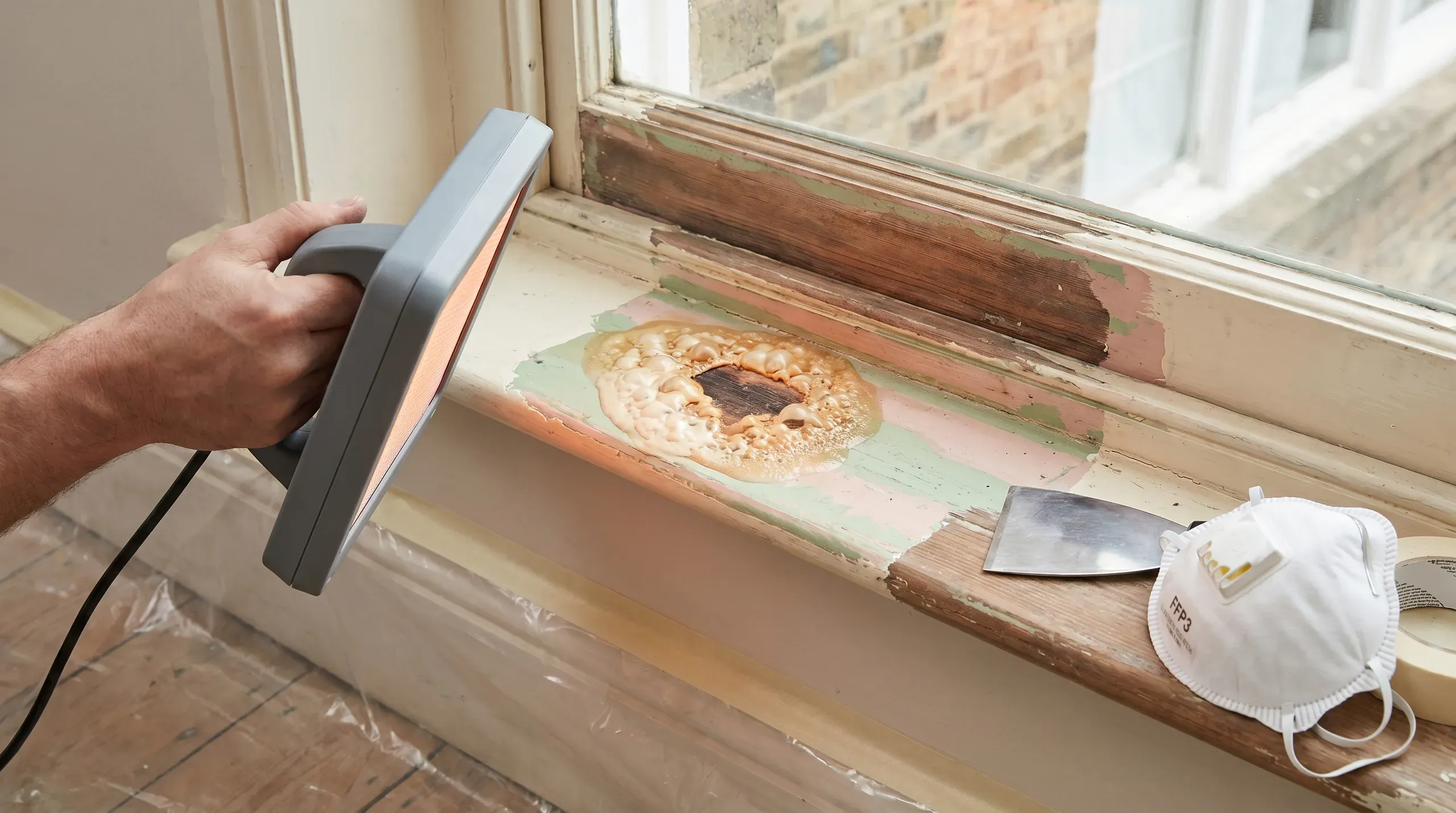 An infrared paint stripper held against a Victorian sash window stile, paint visibly bubbled and lifting from the timber, with a stripping knife and FFP3 respirator on the windowsill