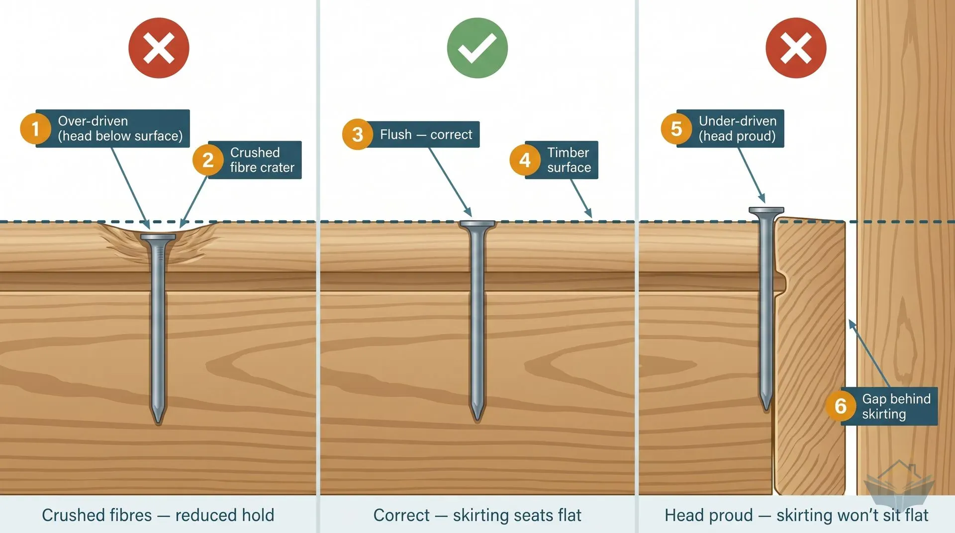 Three-panel cross-section diagram comparing nail depth outcomes: left panel shows an over-driven brad nail with its head crushed below the timber surface, creating a fibre crater; middle panel shows a correctly flush nail head level with the skirting board surface; right panel shows an under-driven nail with the head protruding proud, creating a gap between the skirting board and the stud behind it. A dashed reference line marks the timber surface level across all three panels. Red crosses mark the incorrect outcomes; a green tick marks the correct flush depth.