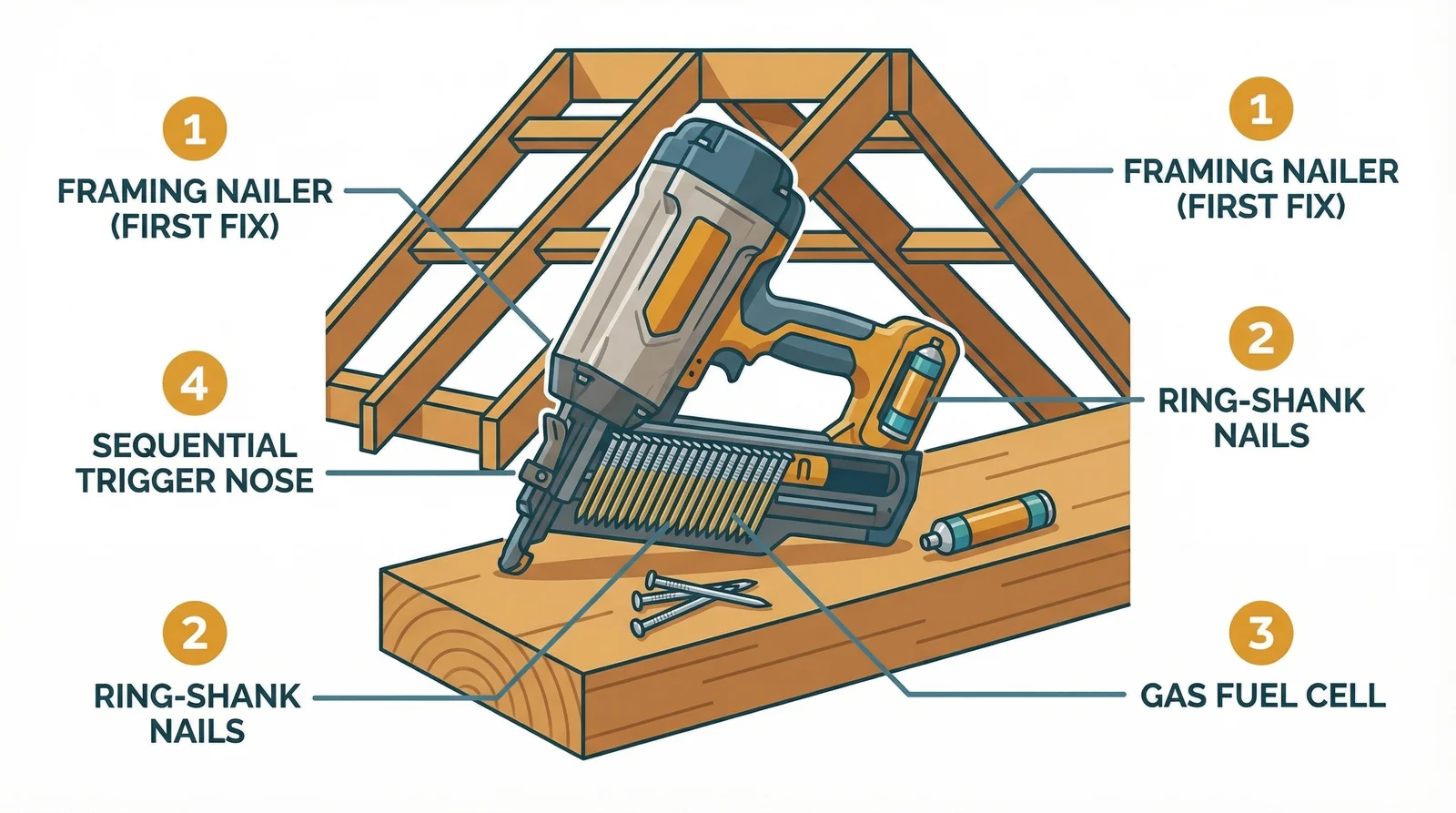A Paslode IM350+ gas framing nailer resting on a timber roof joist beside ring-shank nails and a fuel cell, on a construction site with exposed rafters in the background