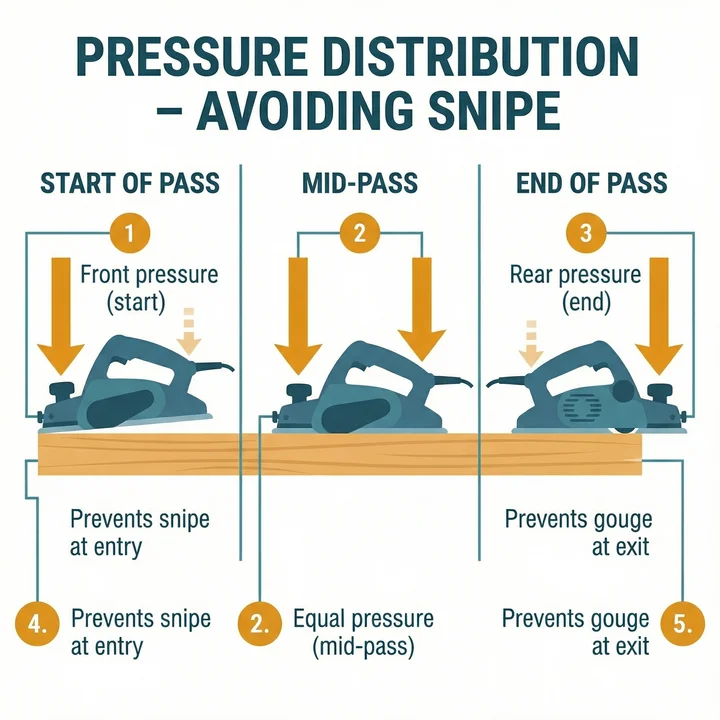 Three-panel diagram showing correct hand pressure distribution during an electric planer pass: front pressure at the start of the stroke to prevent snipe at entry, equal pressure through the mid-pass, and rear pressure at the end of the stroke to prevent gouging at exit.