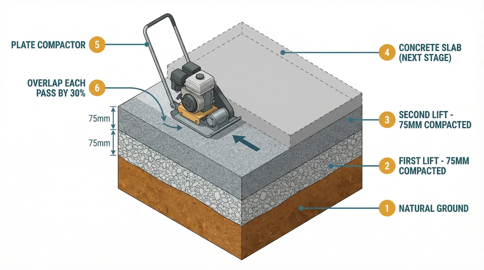 A petrol plate compactor (wacker plate) in operation on a freshly laid MOT Type 1 sub-base, showing the vibrating plate pressing into grey crushed stone aggregate at a UK house extension groundwork site