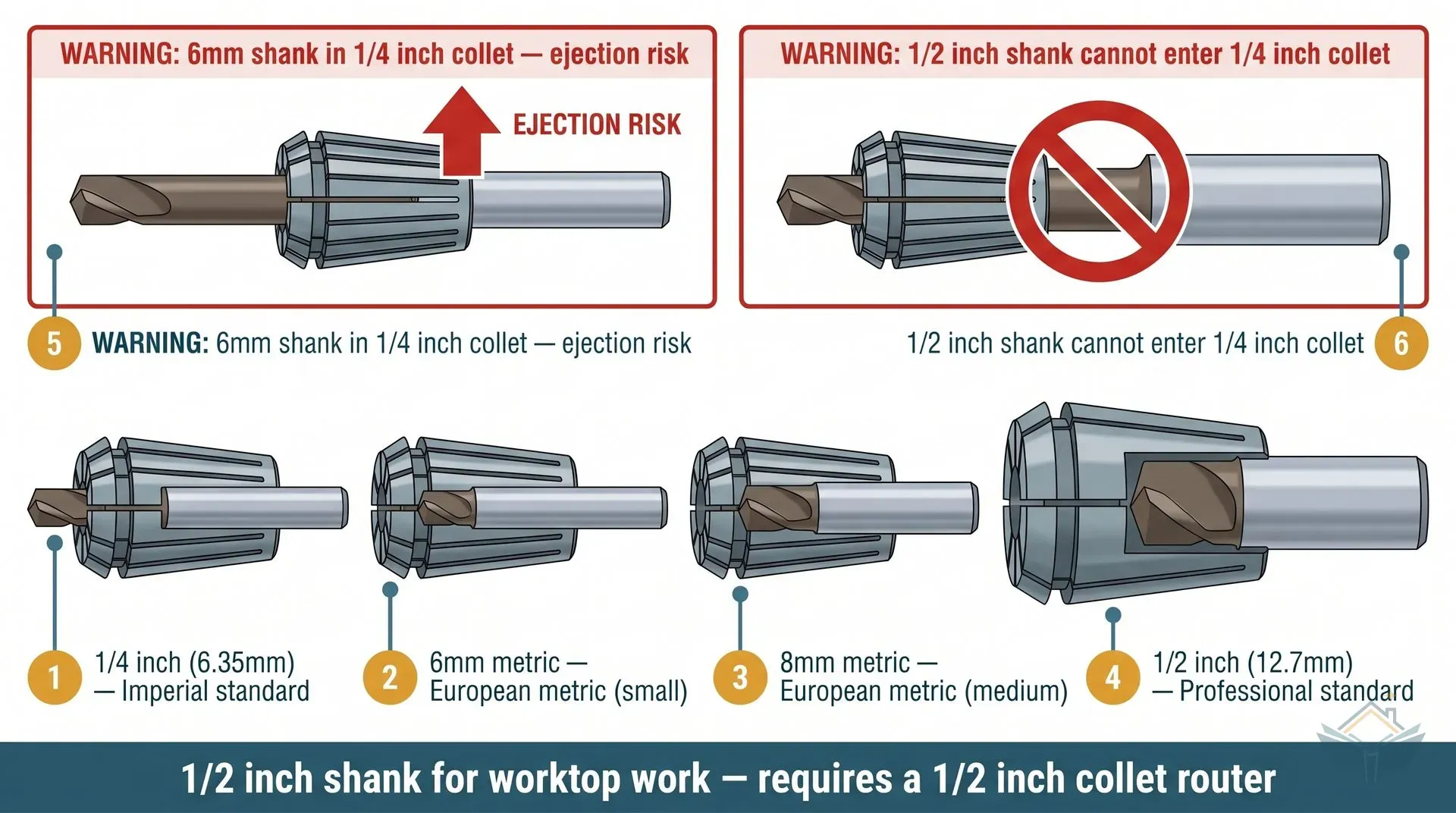 Side-by-side cross-section diagram of four router collet sizes: 1/4 inch imperial standard, 6mm European metric (small), 8mm European metric (medium), and 1/2 inch professional standard. Two warning panels above show a 6mm shank incorrectly fitted in a 1/4 inch collet with an ejection risk callout, and a 1/2 inch shank that physically cannot enter a 1/4 inch collet. A bottom banner confirms that worktop work requires a 1/2 inch collet router.