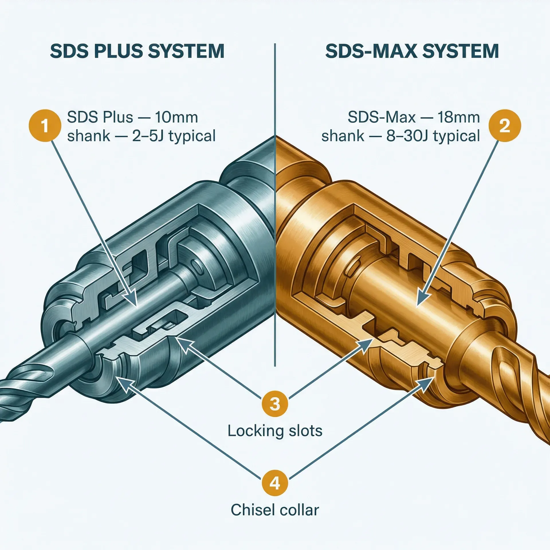 Side-by-side cross-section comparison of SDS Plus (10mm shank, teal) and SDS-Max (18mm shank, amber) chuck systems, with annotated callouts showing shank diameter, typical impact energy range, locking slots, and chisel collar for each system.