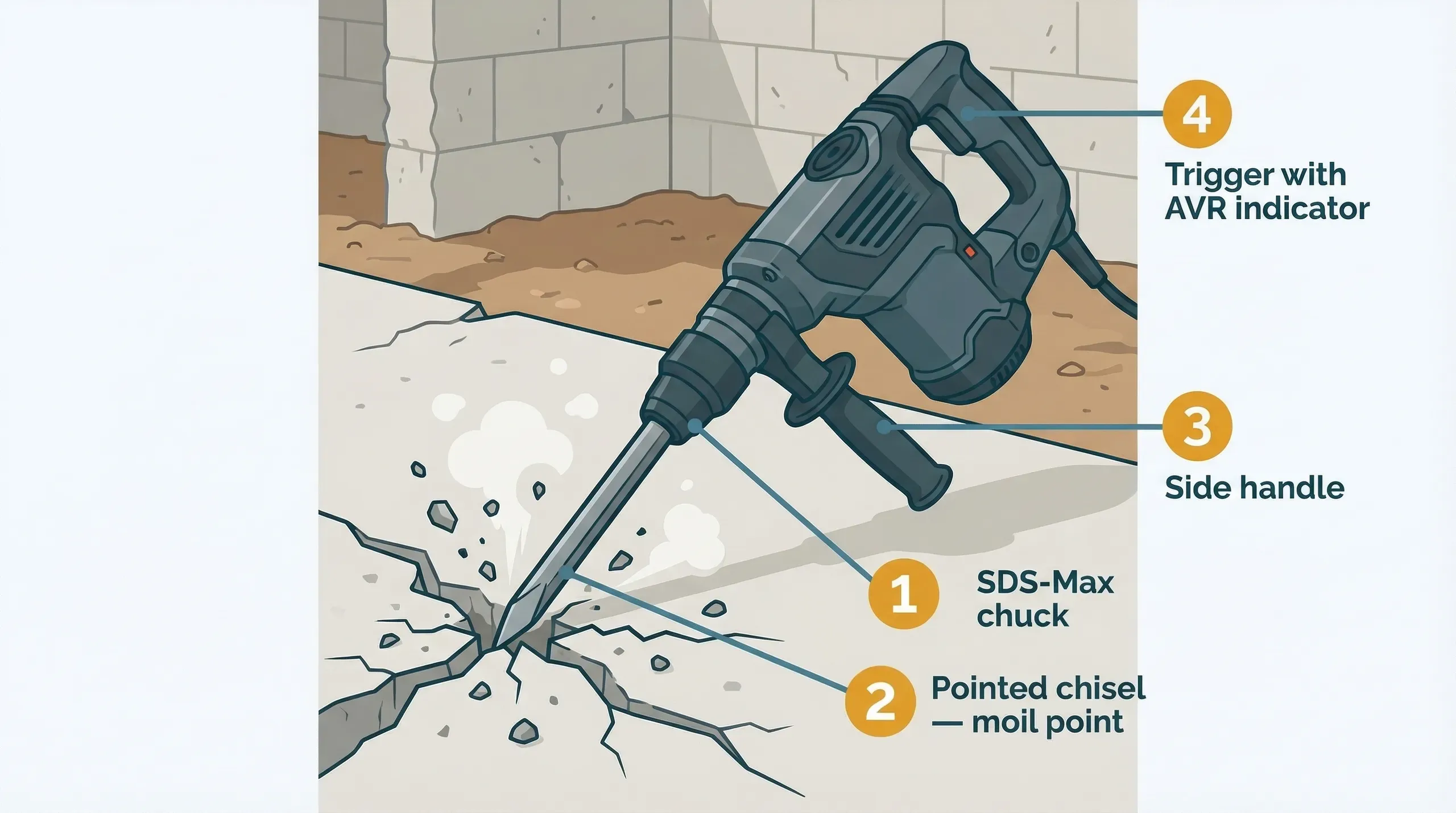 An SDS Max demolition hammer with a pointed chisel fitted, positioned over a cracked concrete floor slab on a construction site, with dust and debris around the breaking point