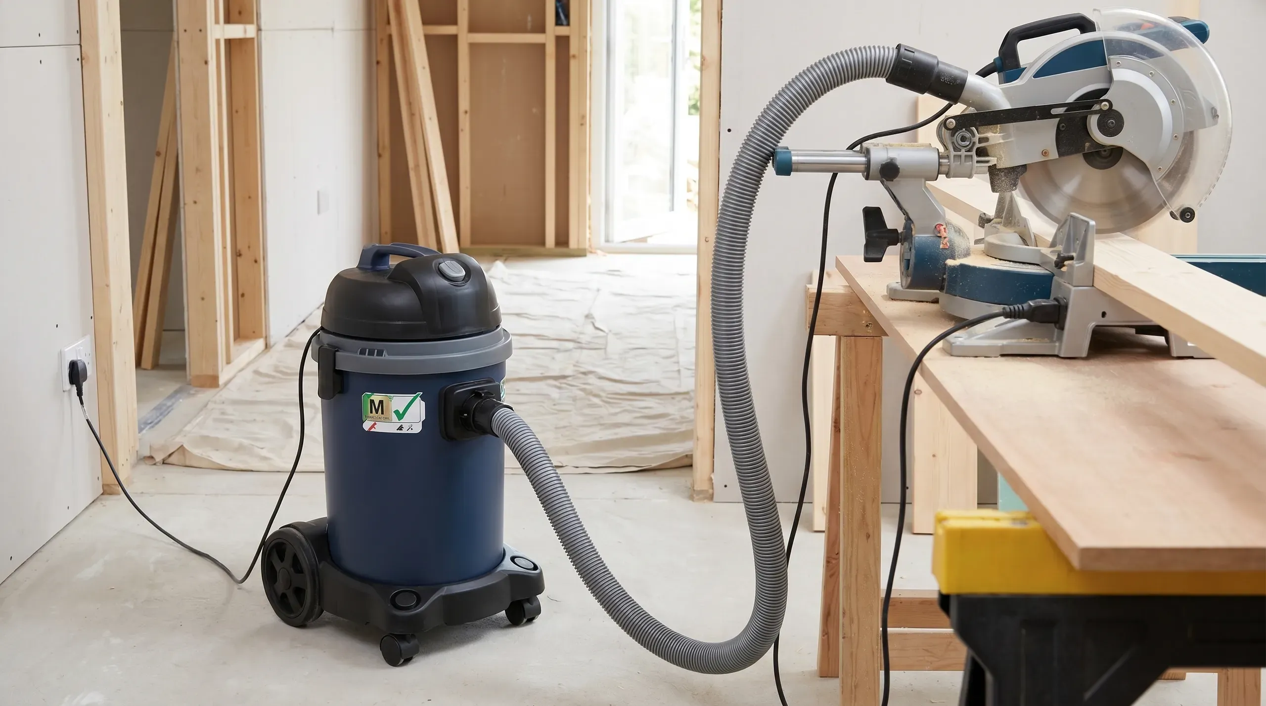 An M-class wet-dry vacuum on a building site connected via a flexible hose to a sliding mitre saw mid-cut, with a fine dust cloud being drawn cleanly into the hose