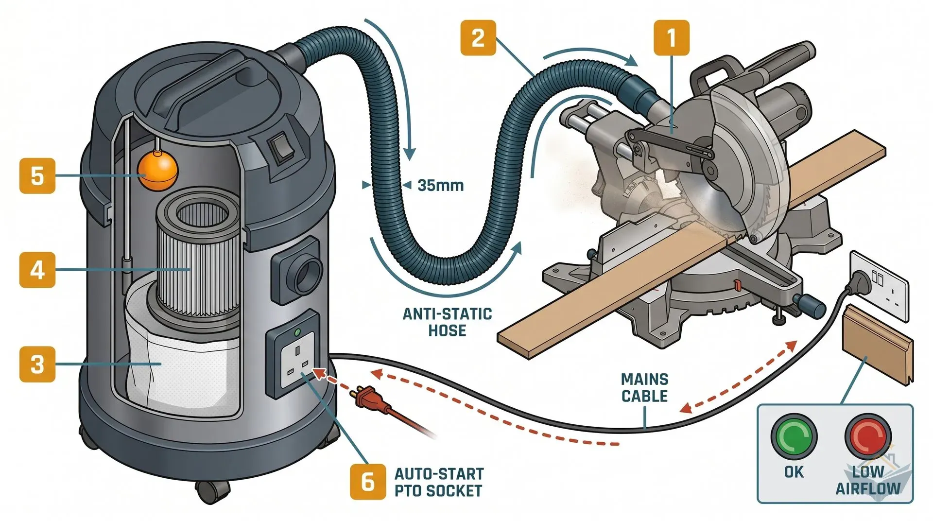Isometric cutaway technical diagram showing a generic unbranded M-class wet-dry vacuum on the left connected by an anti-static hose to a generic mitre saw on the right. The vacuum cutaway reveals the internal paper filter bag, M-class HEPA cartridge filter, and float-ball wet cut-off. Six numbered callouts label the saw dust port, the 35mm anti-static hose, the paper filter bag, the M-class cartridge filter, the float-ball cut-off, and the auto-start PTO socket. Teal arrows trace the dust airflow path; red dashed arrows show the auto-start electrical signal from the saw plug to the PTO socket.