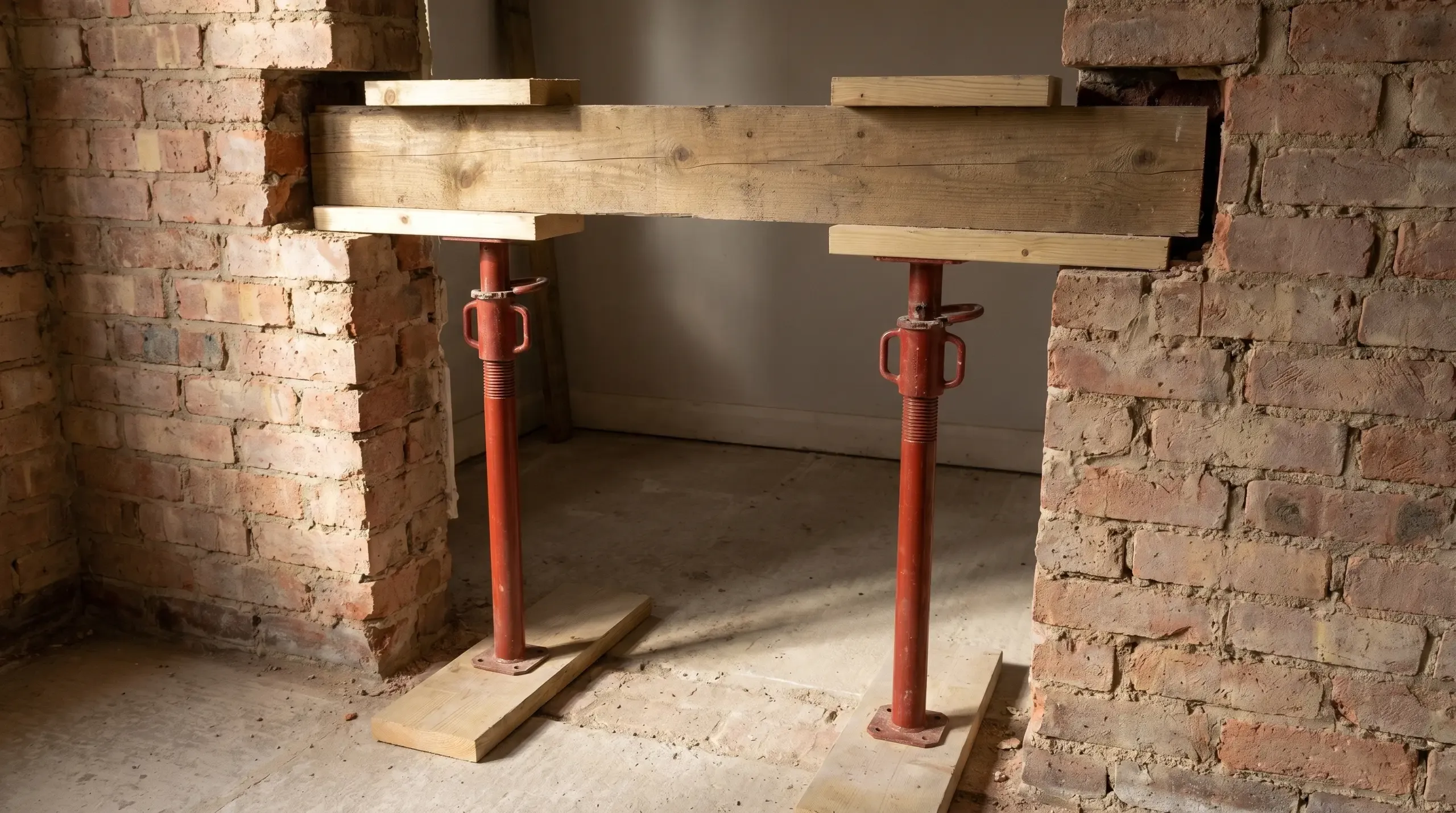 A pair of red Acro adjustable steel props installed vertically supporting a timber needle through a brick wall opening, with softwood scaffold board spreader plates at top and bottom