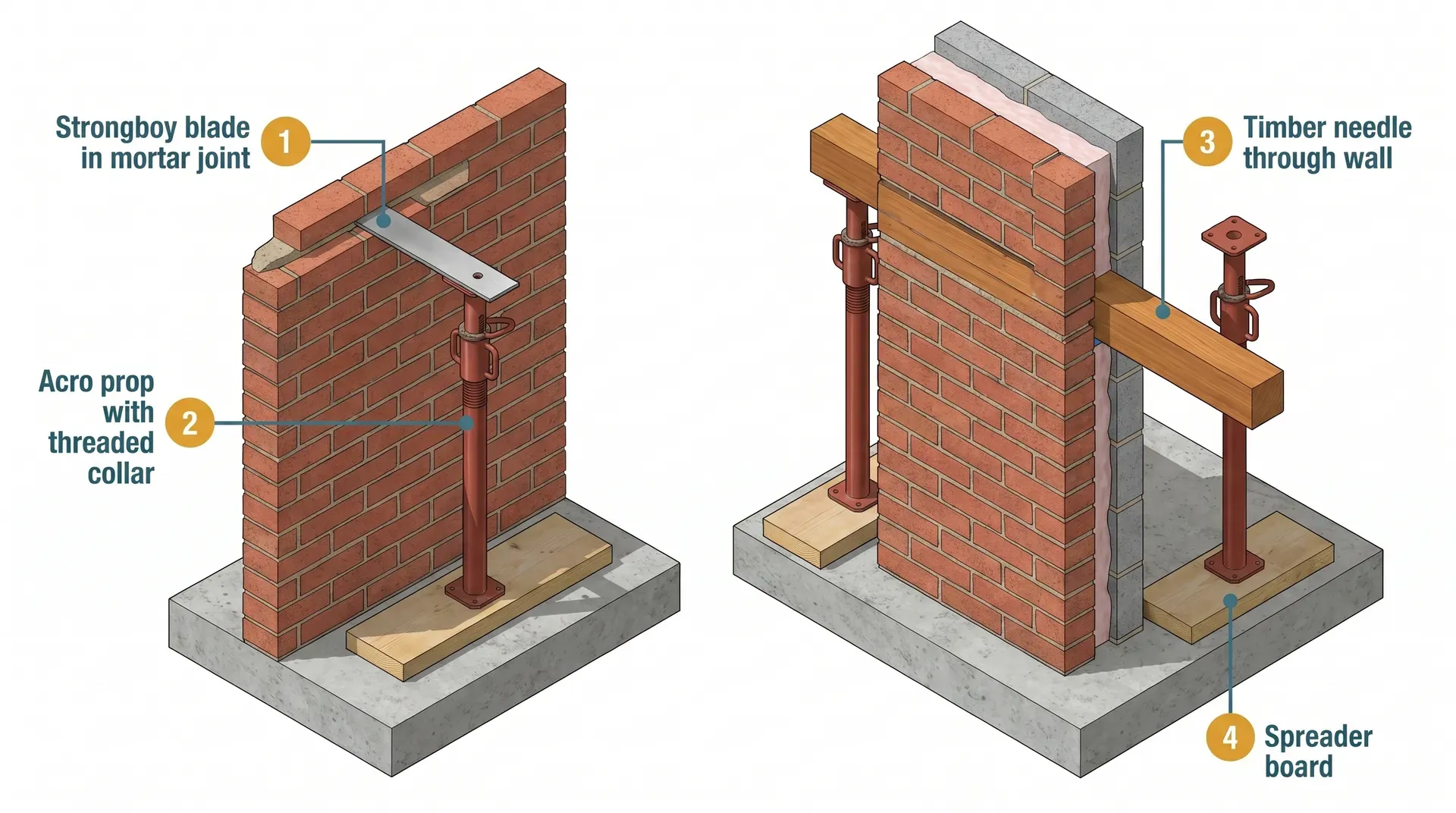 Side-by-side technical diagram comparing two wall propping methods: on the left a Strongboy blade inserted into a mortar joint with a prop beneath, and on the right a 100x100mm timber needle passing through the wall supported by props on each side, with numbered callouts identifying the Strongboy blade, Acro prop, timber needle, and spreader board.