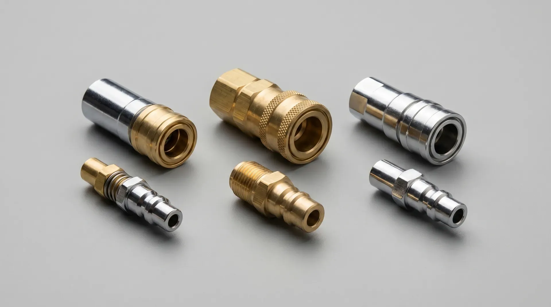 Three pneumatic quick-connect air coupler types laid on a grey surface: a slim Euro-profile female coupler on the left, a bulkier PCL Standard female coupler in the centre, and a PCL XF-Euro high-flow female coupler on the right, each shown beside its matching male plug.