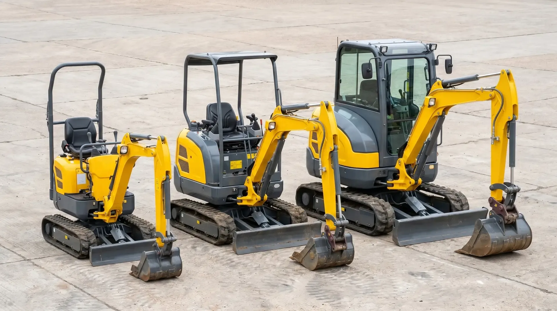 Three rubber-tracked mini diggers parked side by side on a concrete depot yard showing the size progression from a compact 0.8-tonne micro digger on the left, through a 1.5-tonne mini in the centre, to a full-cab 3-tonne midi on the right.