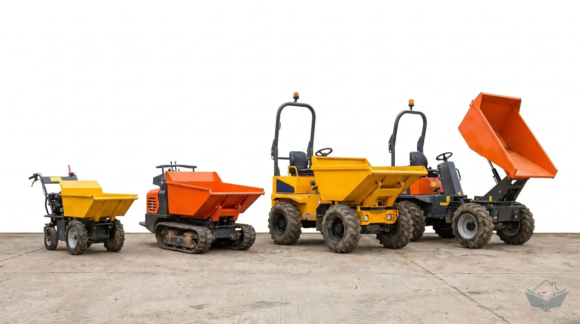 Four site dumpers arranged side by side on a concrete depot yard in order of increasing width: a pedestrian power barrow on the far left, then a compact rubber-tracked dumper, a 1-tonne wheeled front-tip, and a 1-tonne high-tip with its skip raised on a hydraulic ram.