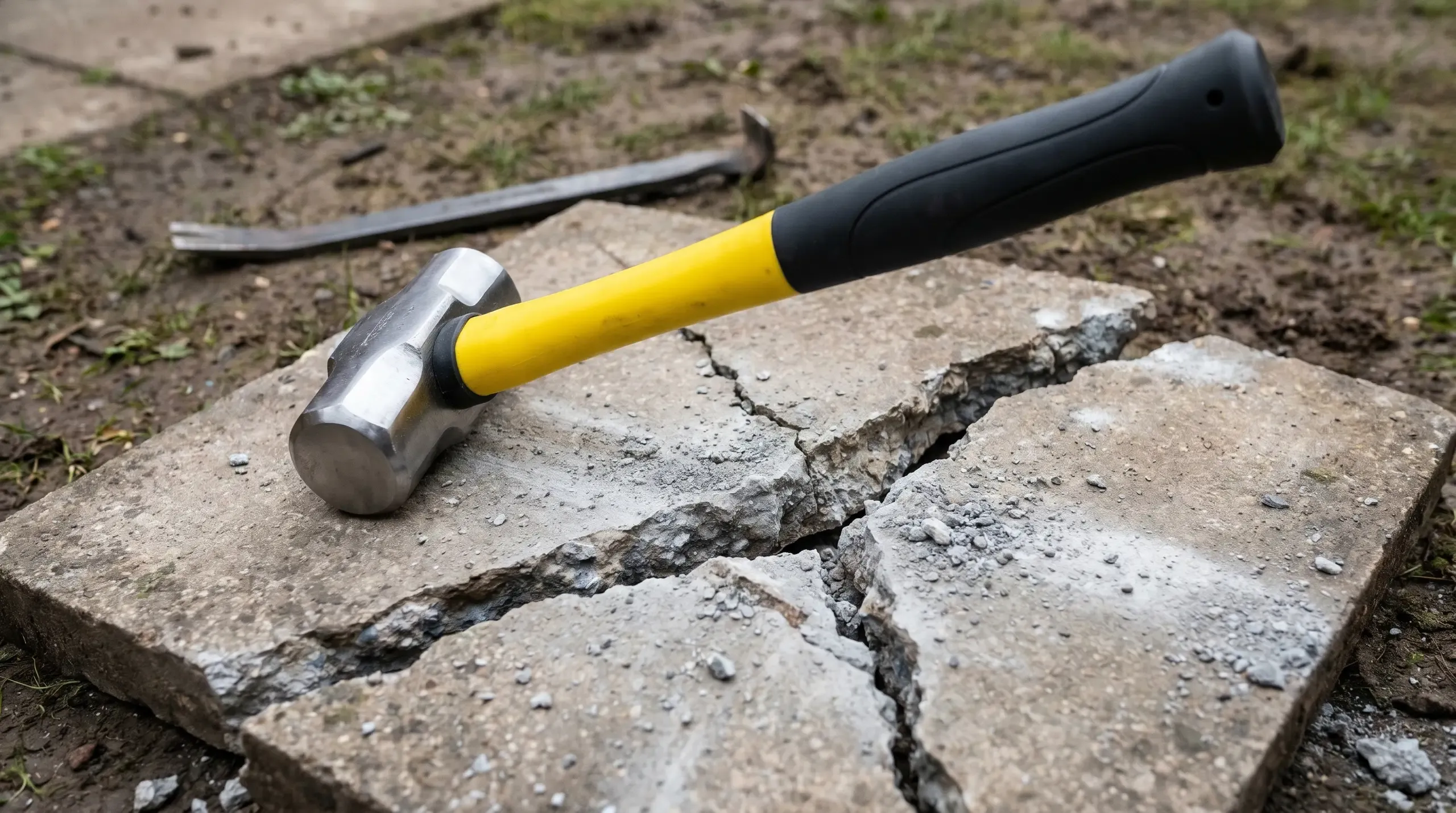 A 10lb sledgehammer with a fibreglass handle resting head-down on a partially broken concrete garden slab, with cracked sections of concrete and a pry bar visible on a UK garden site