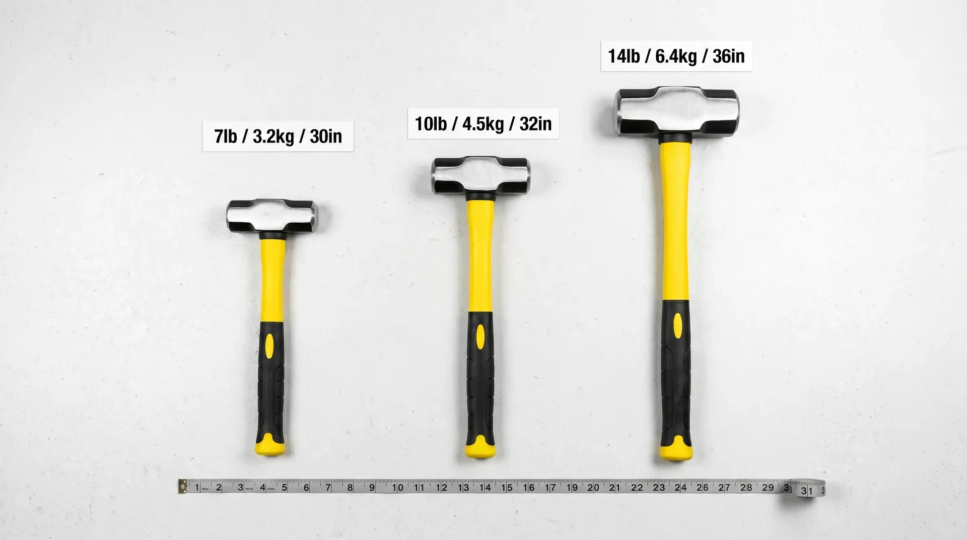 Three sledgehammers laid out side by side on a grey workshop surface showing the relative size difference between 7lb, 10lb, and 14lb heads and handles, with labels indicating weight, metric equivalent, and handle length for each.