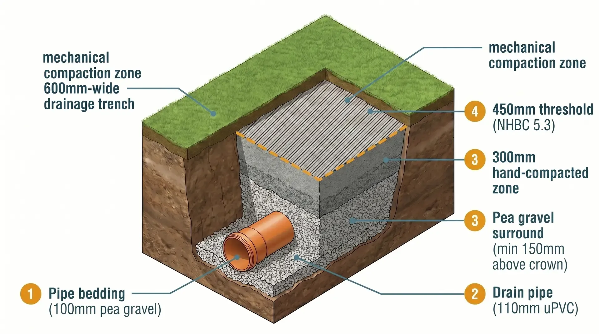 Vertical cross-section of a 600mm-wide, 1.2m-deep drainage trench showing four clearly labelled zones from bottom to top: 100mm pea gravel bedding at the base, a 110mm orange uPVC drain pipe, 150mm pea gravel surround above the pipe crown, and the amber dashed NHBC 5.3 threshold line at 450mm above the pipe crown marking the level above which mechanical compaction is permitted.