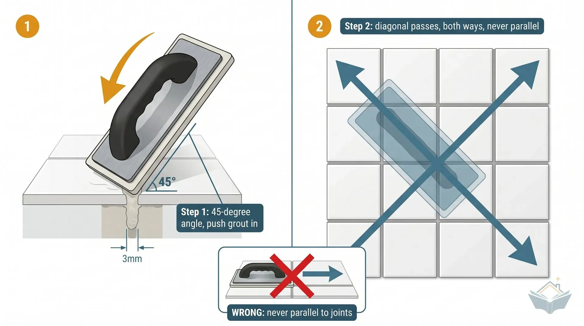 Two-panel technical diagram showing the correct grout float technique: on the left a side elevation showing the float held at 45 degrees pressing grout into the joint, and on the right a top-down view of a tile grid with diagonal pass arrows crossing the joints, plus a 'WRONG' callout showing a parallel pass with a red X.