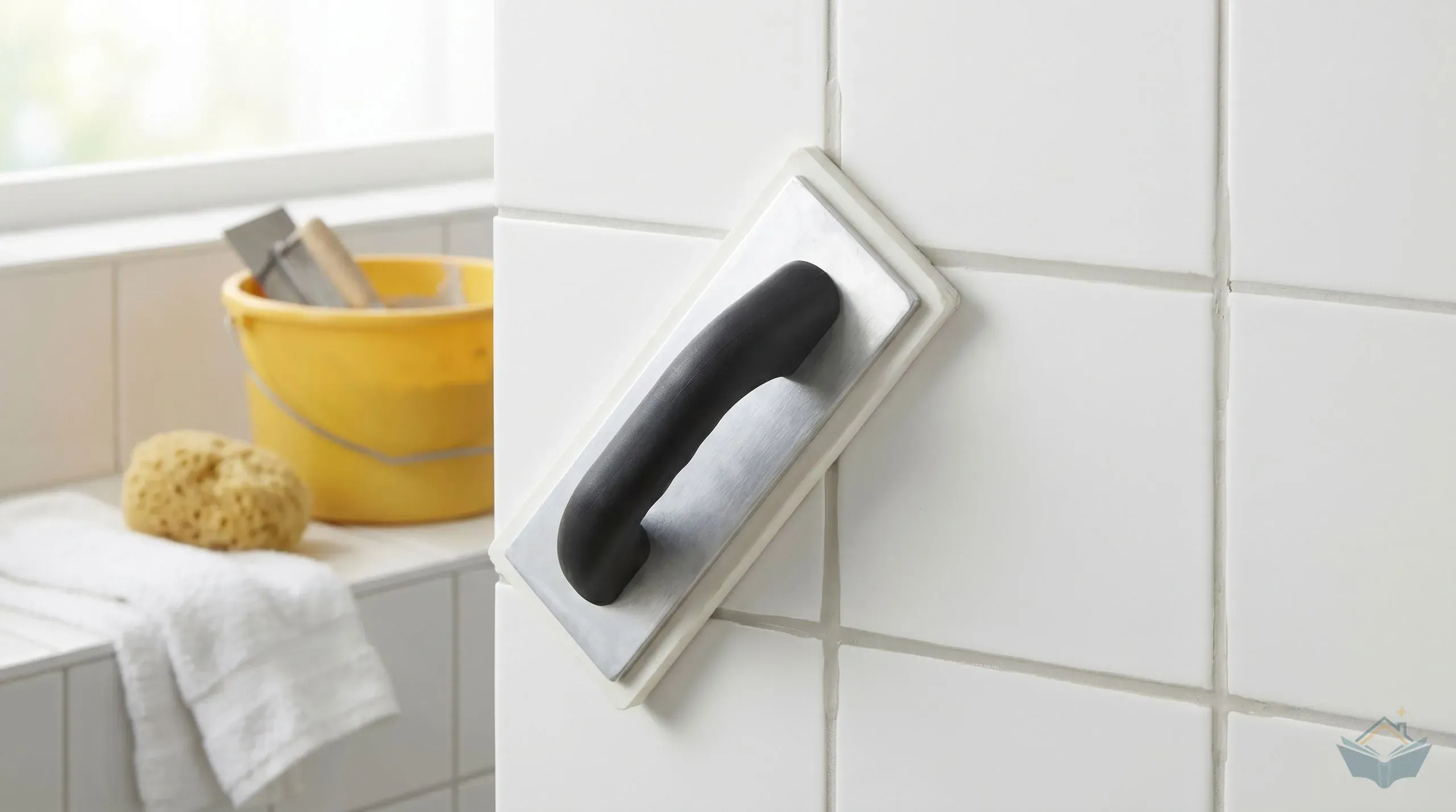 A rubber-faced grout float held at a 45-degree angle pressing pale grey grout into the joints between freshly laid white square ceramic wall tiles, with a grout bucket and damp sponge visible alongside on a tiled benchtop