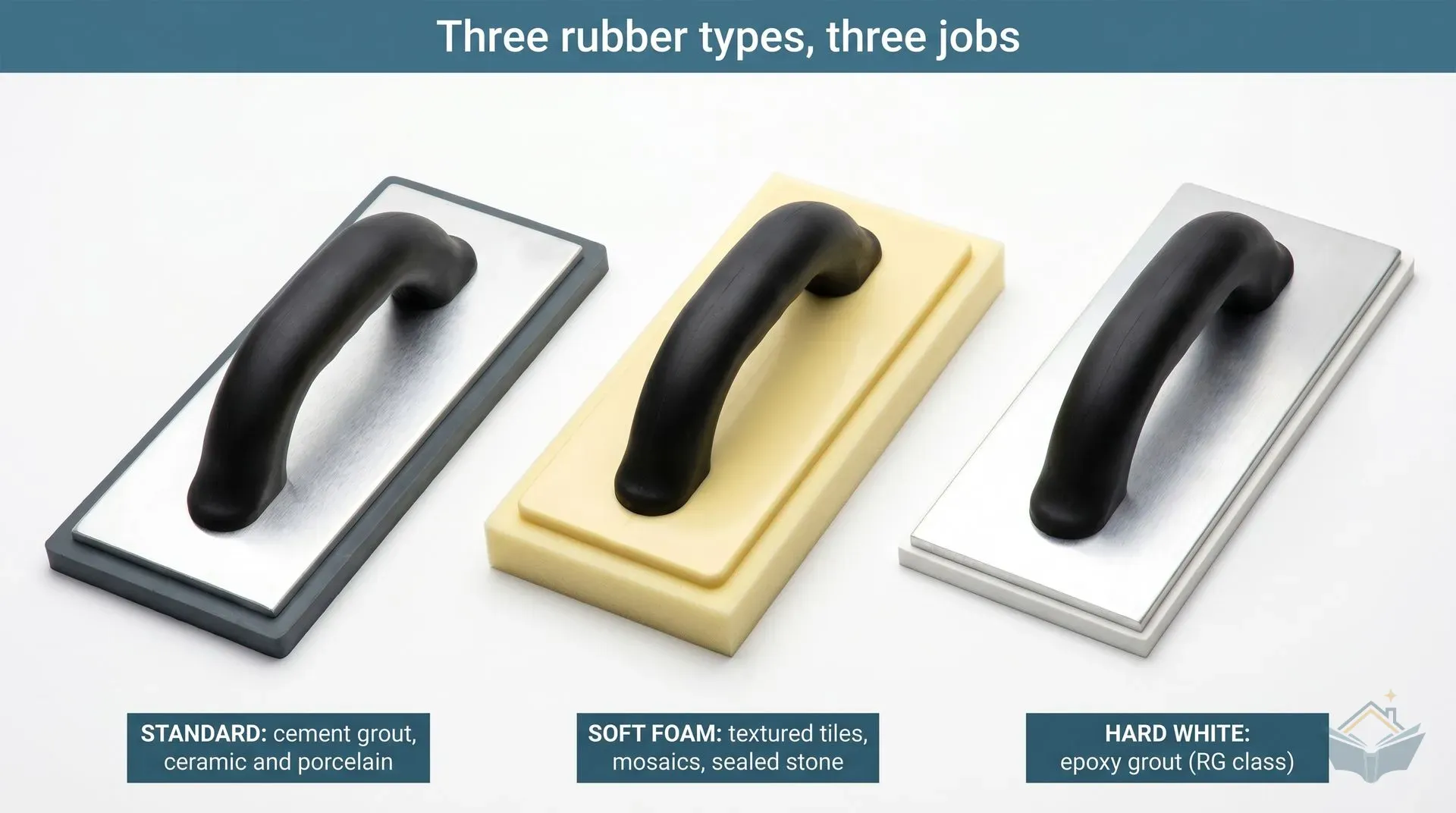 Three grout floats laid side by side on a white surface: a standard medium-rubber float with dark grey pad on the left, a soft foam-faced float with pale yellow pad in the centre, and a hard white rubber epoxy float on the right, each labelled with its rubber type and suitable grout application.