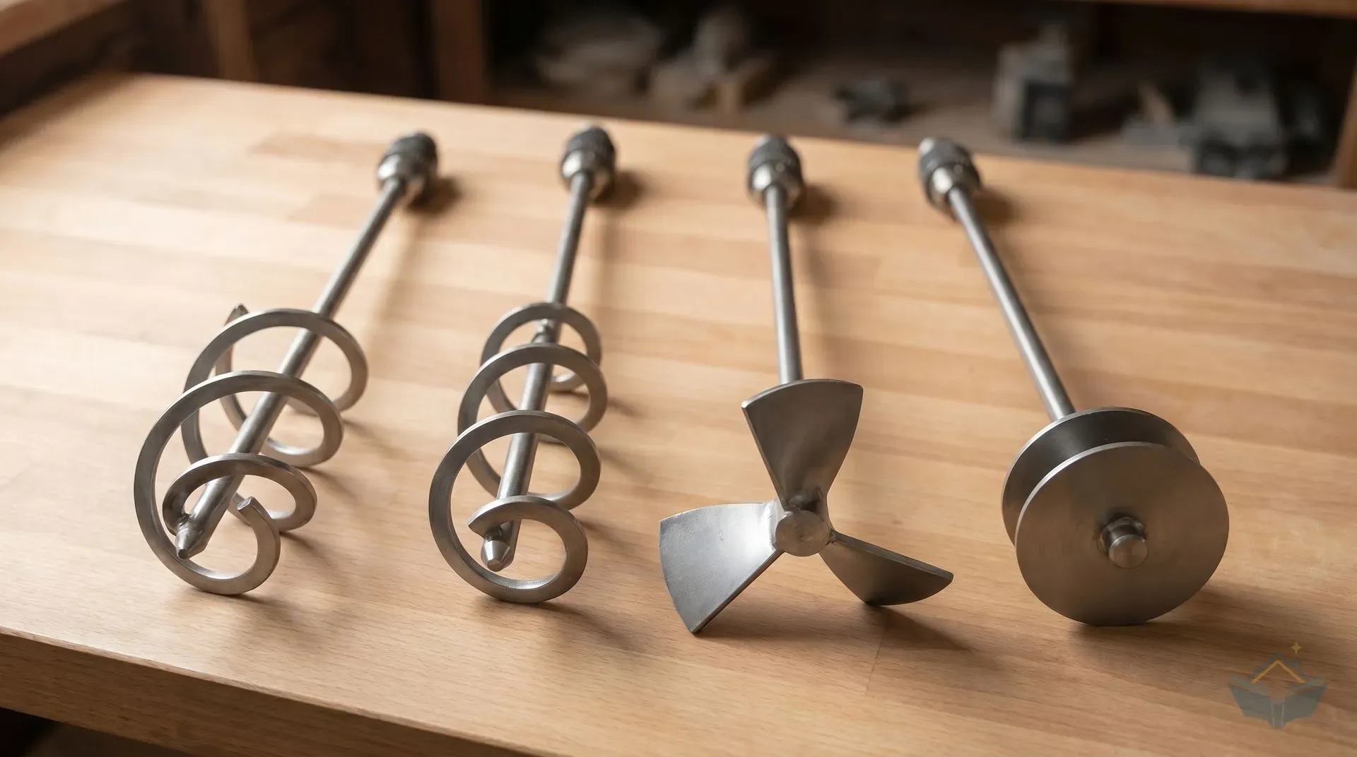 Four mixing paddle types laid side by side on a workshop bench: a negative-helix spiral paddle with downward-winding spiral, a positive-helix spiral paddle with upward-winding spiral, a heavy three-blade MK-style paddle with angled propeller blades, and a twin-disc DLX paddle with two flat parallel discs at the tip. All paddles are clean, unused steel, approximately 600mm long.
