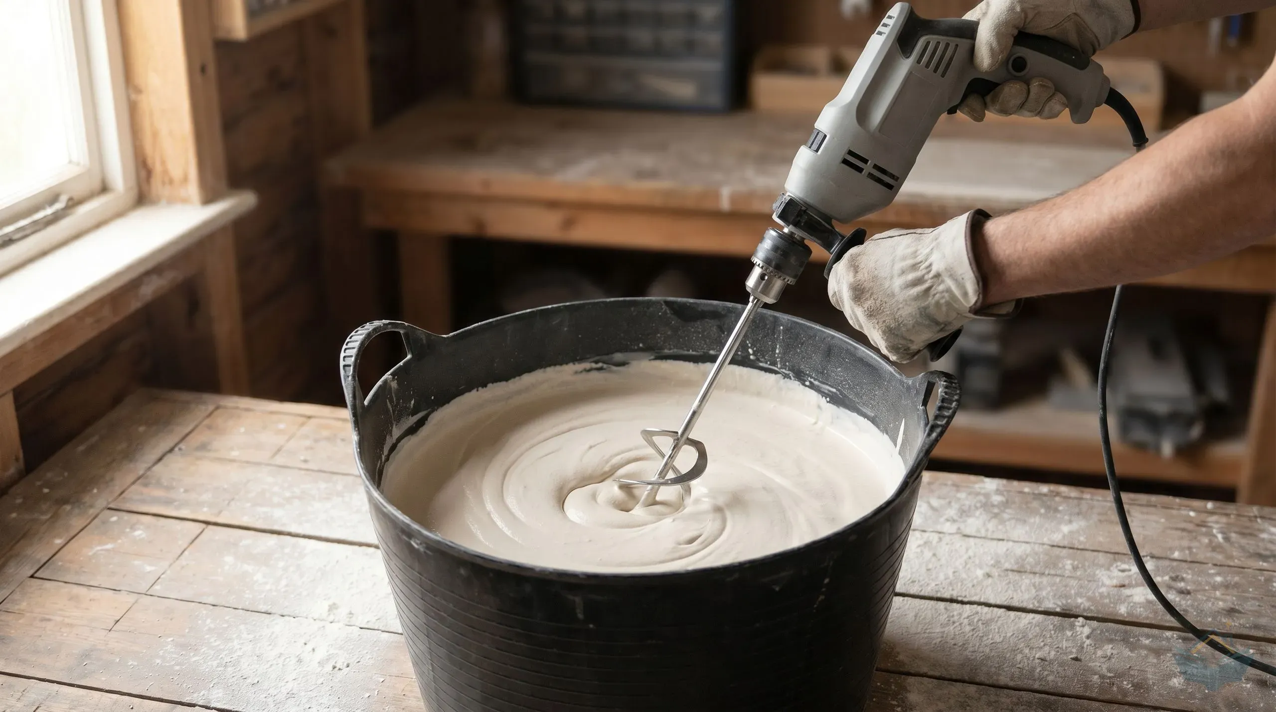 A 120mm spiral mixing paddle attached to a corded paddle mixer drill, partially submerged in a 30-litre flexible mortar bucket of freshly mixed gypsum plaster on a workshop floor