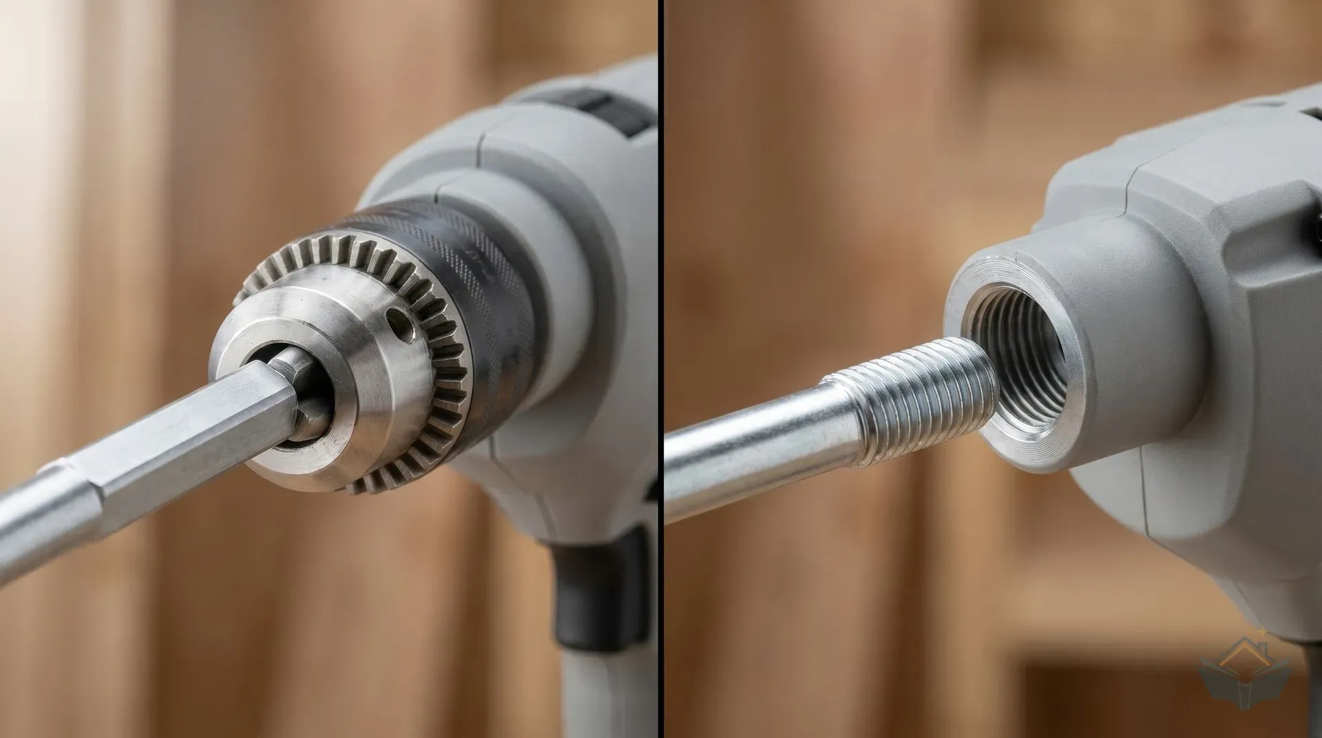 Close-up split-frame comparison showing two paddle shaft fitting types. Left: a 13mm hexagonal paddle shaft gripped inside the jaws of a keyless drill chuck on a corded combi drill, with the hex flats clearly visible. Right: an M14-threaded paddle shaft being screwed into the female M14 threaded spindle of a dedicated paddle mixer, with the coarse metric thread visible on both male and female parts.